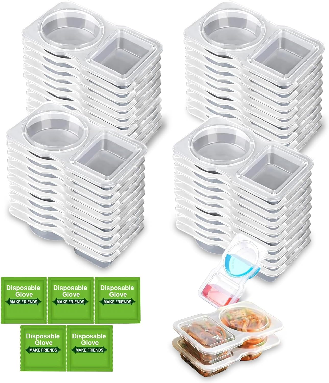 40Pcs Double Compartment Condiment Container with Lids 2 Compartment Snack Containers Reusable Snack Pack Containers Double Condiment Container for To-Go Sauce, Food Travel Snack,Sampling (Model 2)