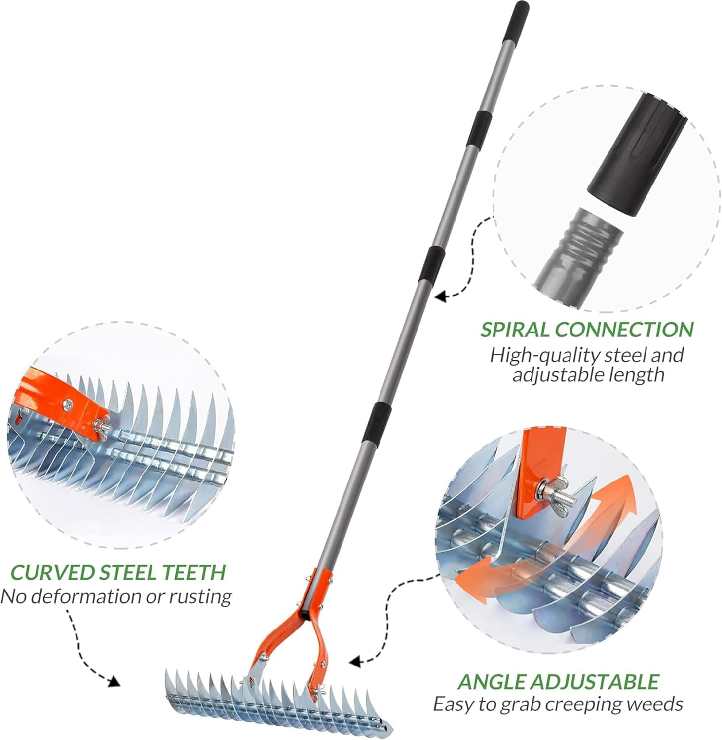 Thatch Yard Rake, Lawn Steel Metal Garden Thatching with Handle, Grooming Dethatcher for Cleaning Dead Grass, 38*178Cm image number 5