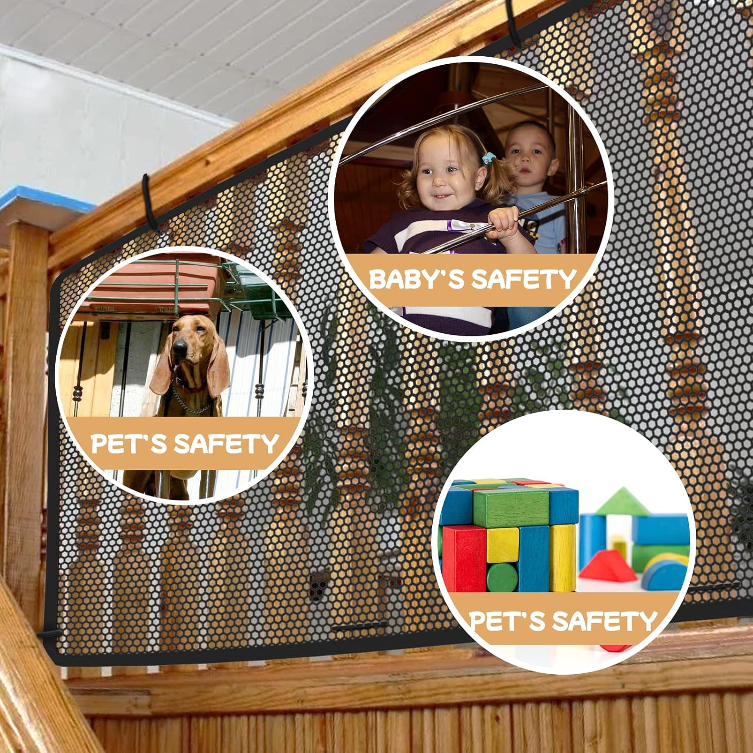 Stair Netting Child Safety Net, Baby Gate for Stairs with No Drilling, Stairway Net, 16.4 Ft L X 2.56 Ft H, Banister Guard, Balcony Banister Stair Net for Child, Small Pet,Toy- Indoor & Outdoor(Black) image number 1