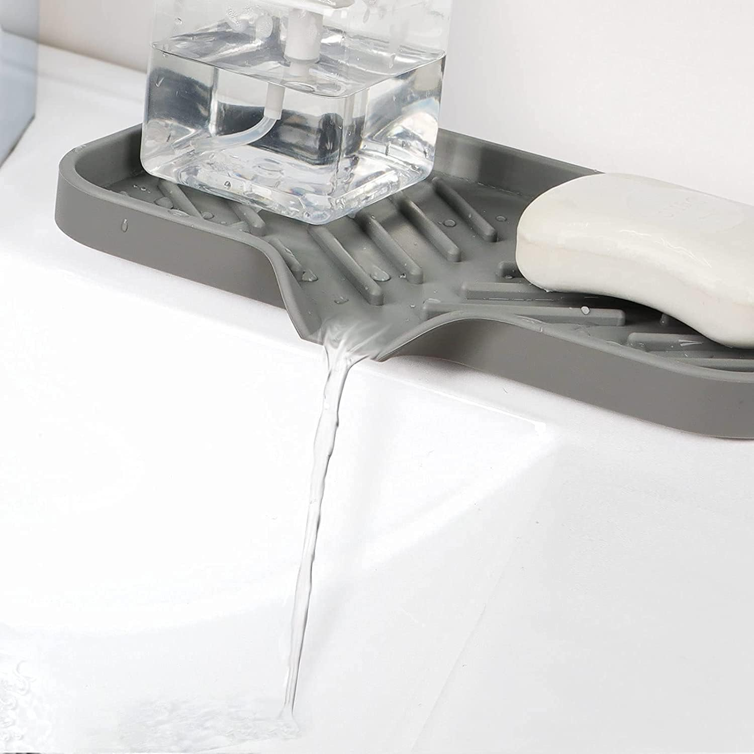 Silicone Kitchen Soap Tray, Sink Tray Draining Sponge Holder, Sink Organizer Tray for Sponge Soap Dispenser Scrubber with Drain Spout, Grey(9.5 X 5.8 Inch) image number 3