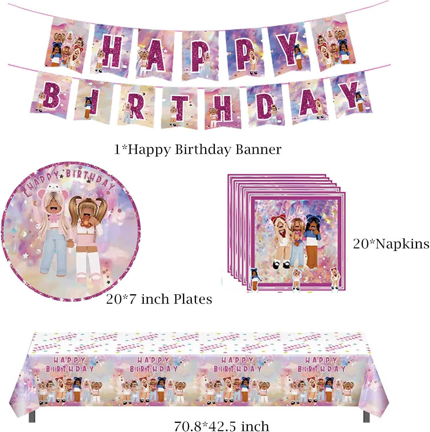 Robot Girls Party Birthday Supplies, Girls Game Theme Party Tableware with Happy Birthday Banner, Tablecloth, Disposable 7" Paper Plates with Napkins for Fans Party Supplies Decorations image number 2