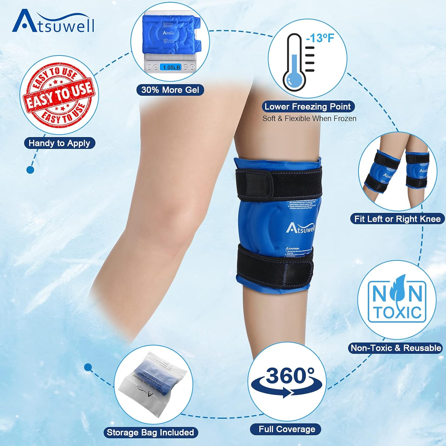 Atsuwell Ice Pack for Knee, Reusable Gel Ice Wraps for Knee, Flexible Cold Compress Cold Pack for Knee, Elbow, Shin, 2 Packs image number 4