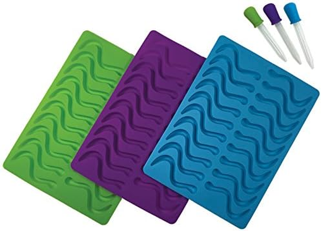 Better Kitchen Products, 3 Piece, 20 Cavity Silicone Gummy Worm Molds with 3 Matching Droppers, Purple, Aqua and Lime image number 2