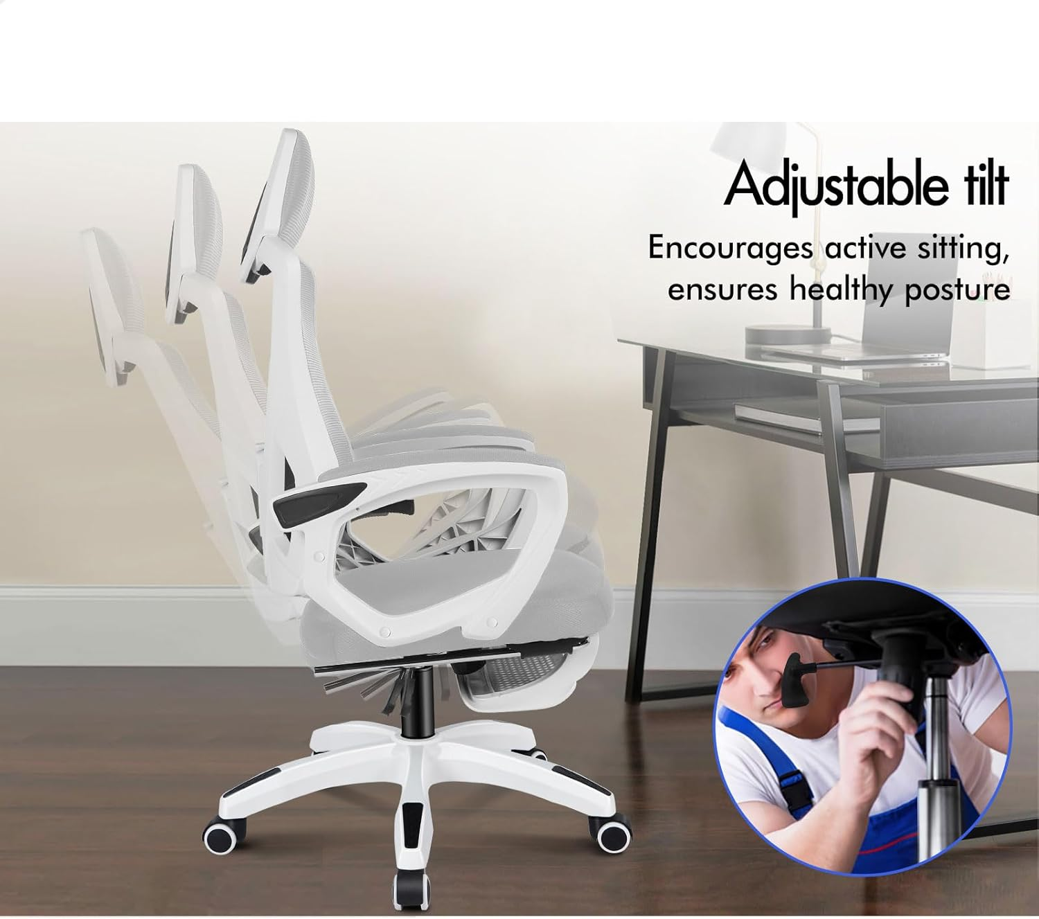 ALFORDSON Ergonomic Mesh Office Chair with Headrest and Footrest, Executive Computer Office Chair with SGS Listed Gas-Lift, Desk Task Gaming Study Student Chair for Max 180Kg, Nova White Grey - All Black image number 6
