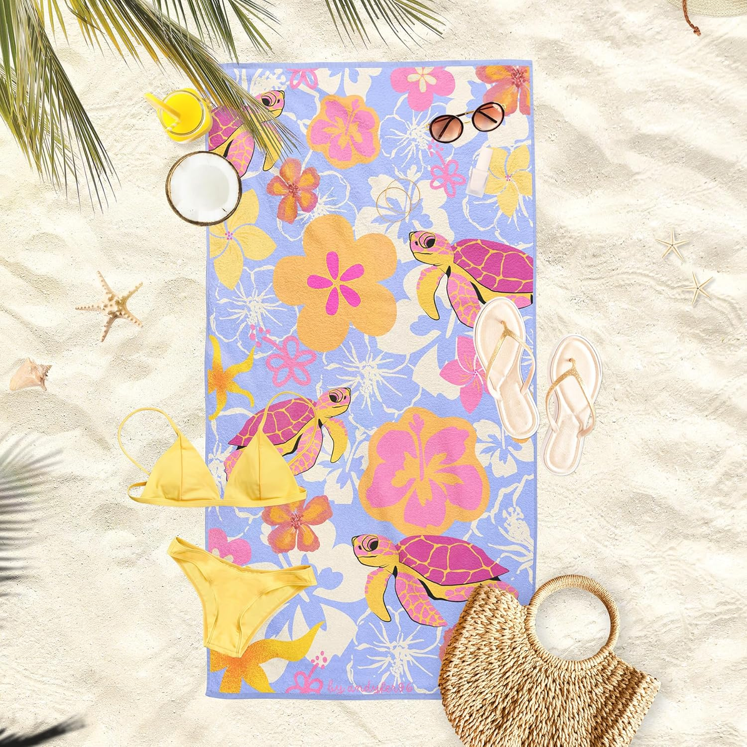 Microfiber Beach Towel, Quick Dry Travel Towel Large Sand Free Towel for Beach, Camping, Swim Pool, Gym, Sports& Yoga180Cm X100Cm (Turtles and Flowers)