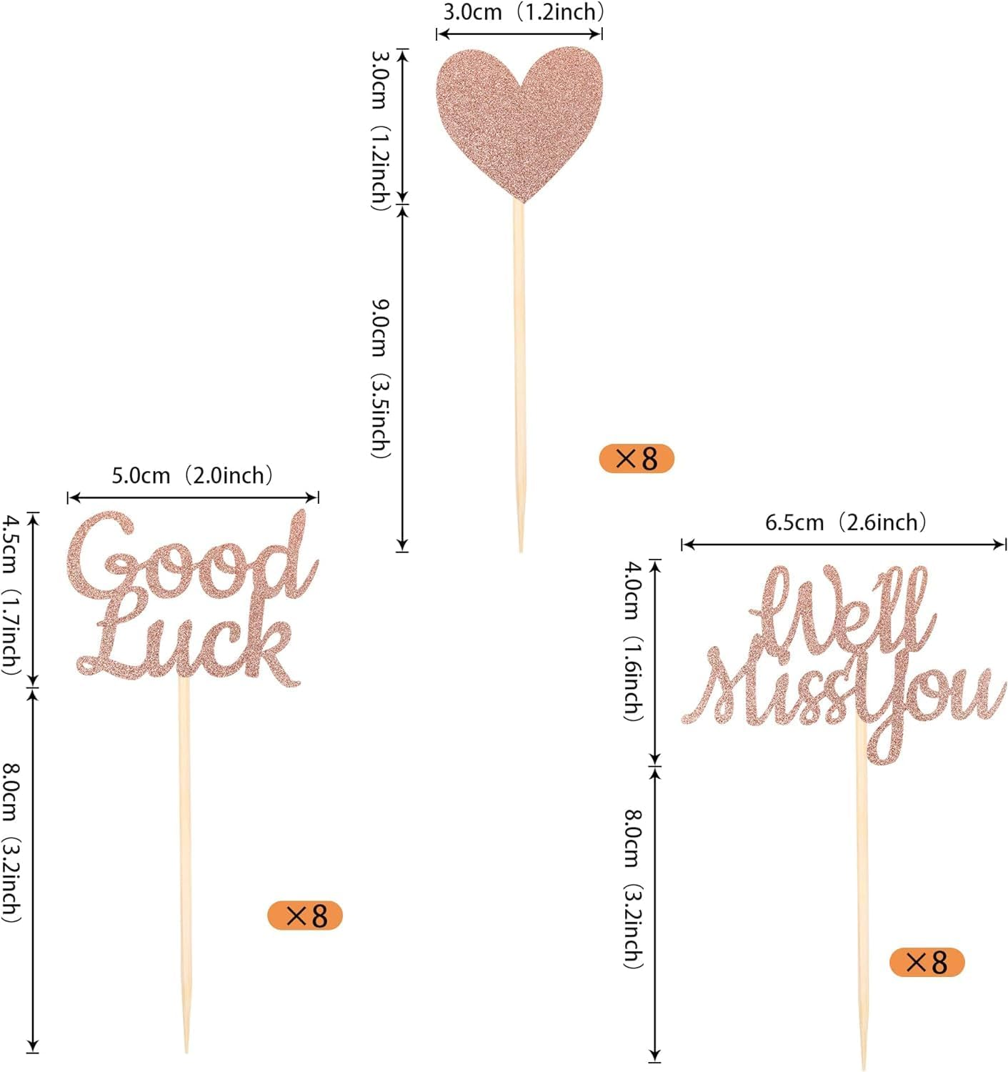 24 Pack We Will Miss You Cupcake Toppers Glitter Red Love Heart Good Luck Cupcake Picks Retirement Theme Going Away Party Cake Decorations (Rose Gold) image number 4