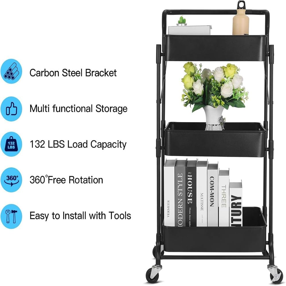 Foldable Storage Cart 3 Tier Rolling Cart with Wheels No Assembly Required Folding Metal Rack Organizer for Living Room, Kitchen, Bathroom, Bedroom and Office,Foldable Rolling Rack image number 2