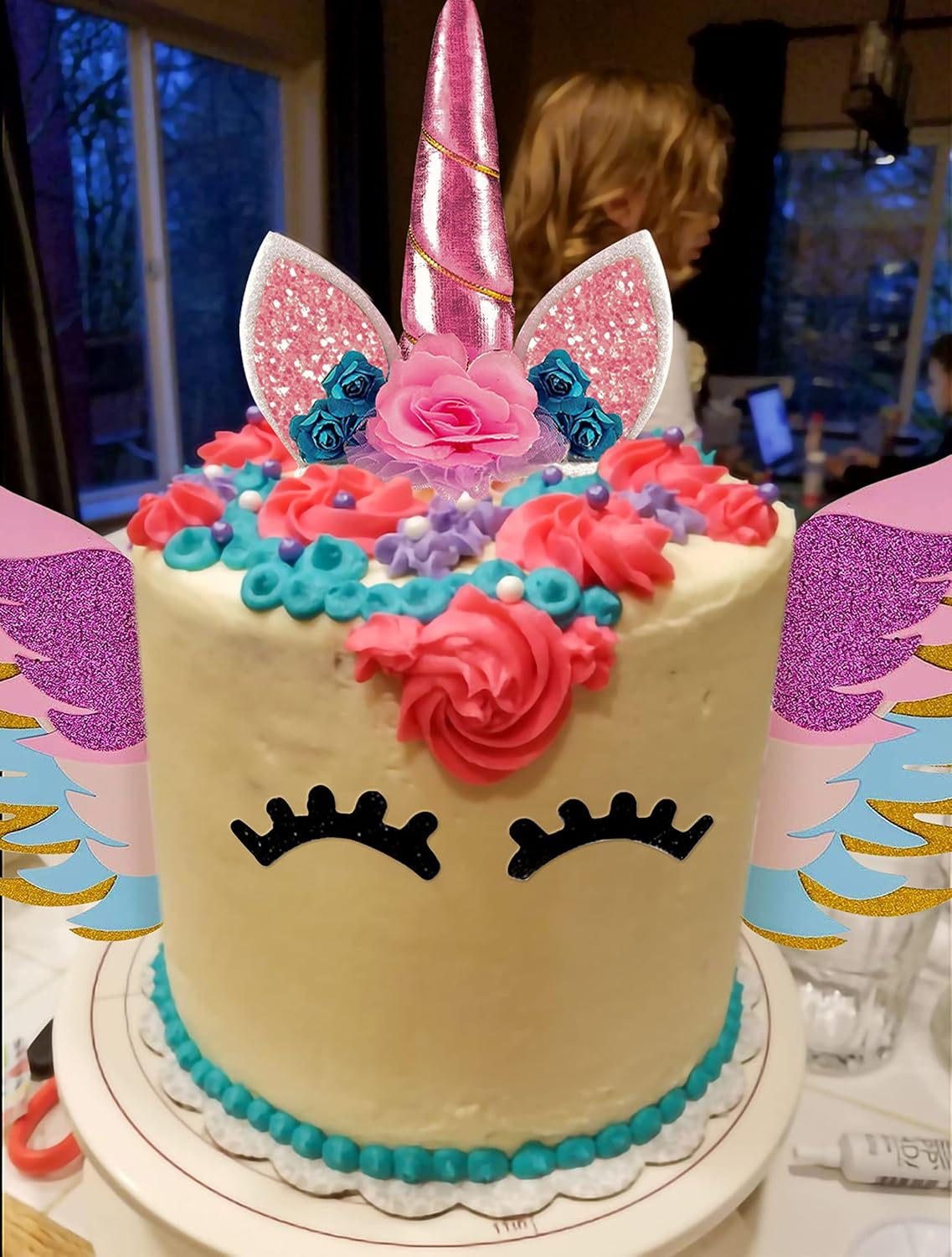Jevenis Unicorn Cake Decoration Unicorn Horn Eyelashes Wings Kit for Unicorn Cake Topper Rainbow Party Decoration image number 3