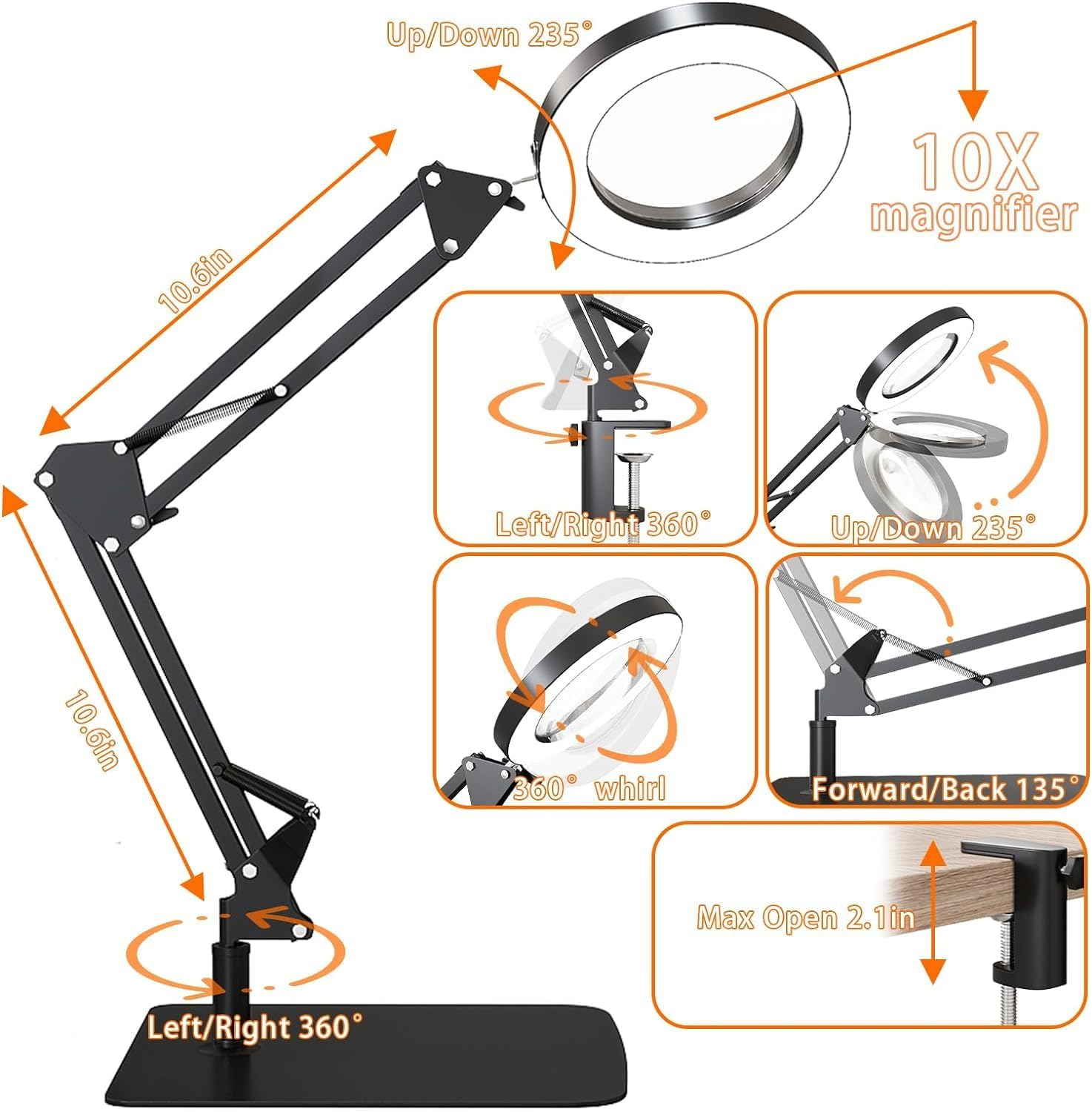 10X Magnifying Glass with Light and Stand, Magnifying Led Desk Lamp, Adjustable Color and Brightness Reading Light Ring Light for Repair, Crafts, Soldering (Black, Rectangle Base & Clamp) image number 6