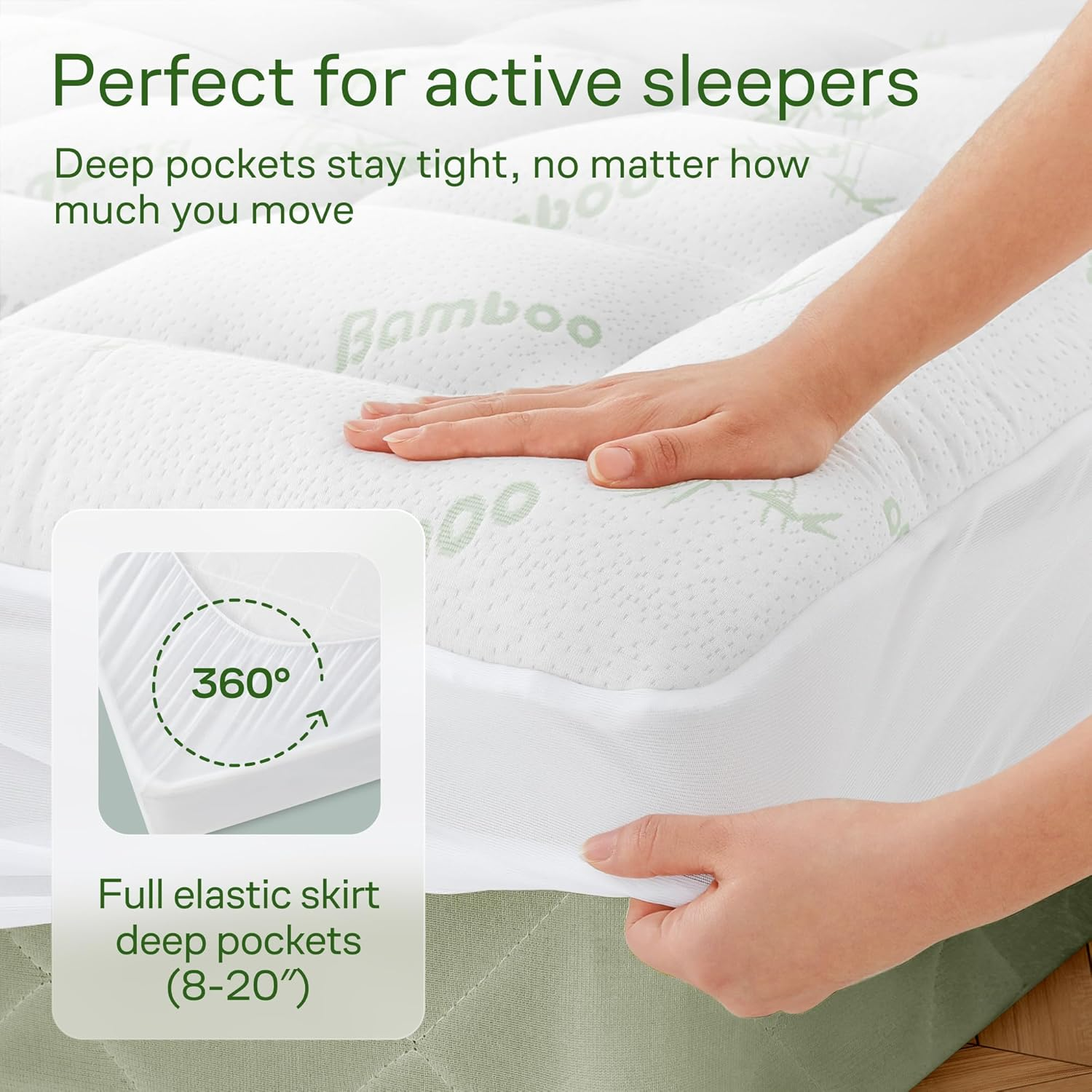 Ultra Soft Twin XL Size Mattress Topper - Viscose Made from Bamboo Pillow Top Mattress Pad for Back Pain Relief - Naturally Cooling for Hot Sleepers, Green image number 2