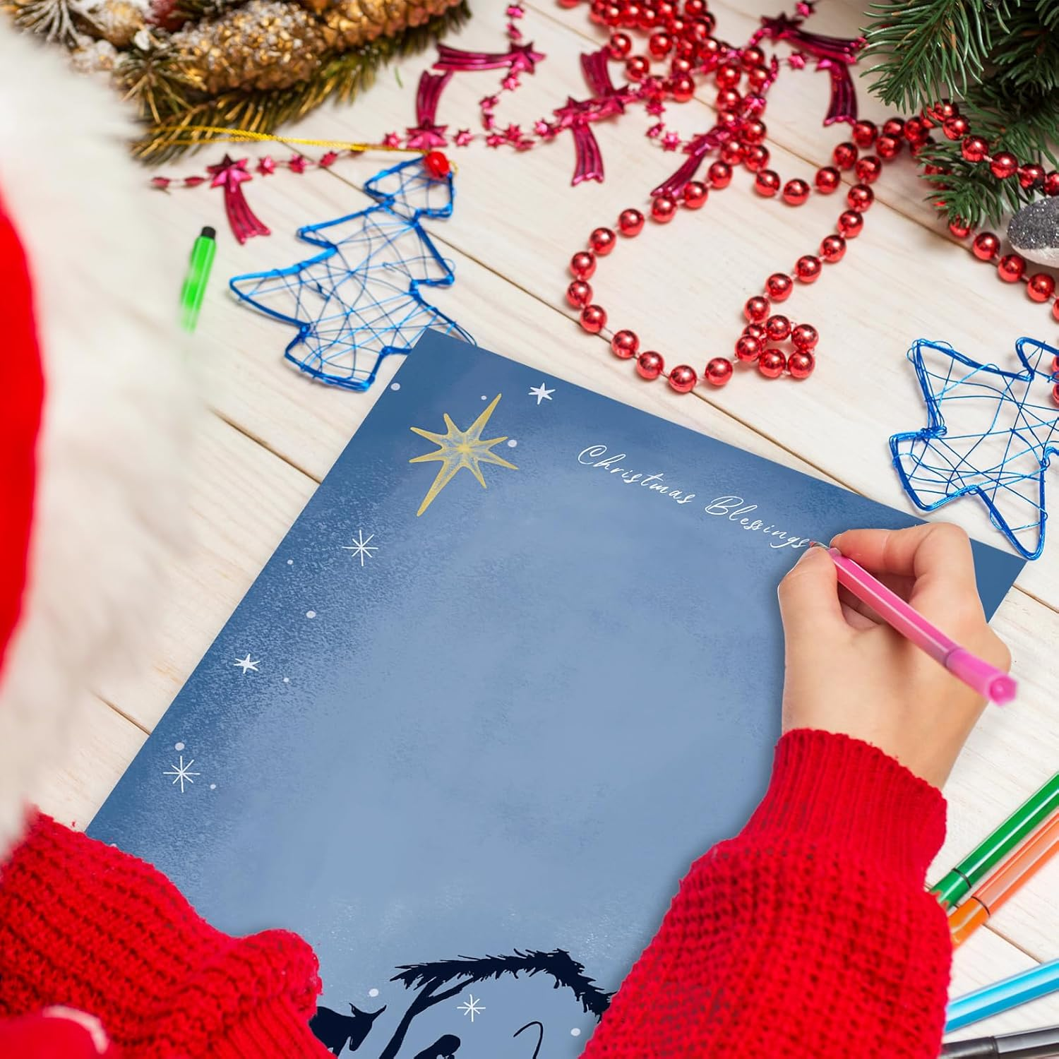 Anydesign 80 Pack Christmas Stationery Letterhead Paper Nativity Scene Letter Paper Blue Writing Paper Notes Greeting Paper for Invitation Office Printing Supplies, 8.5 X 11 Inch image number 2
