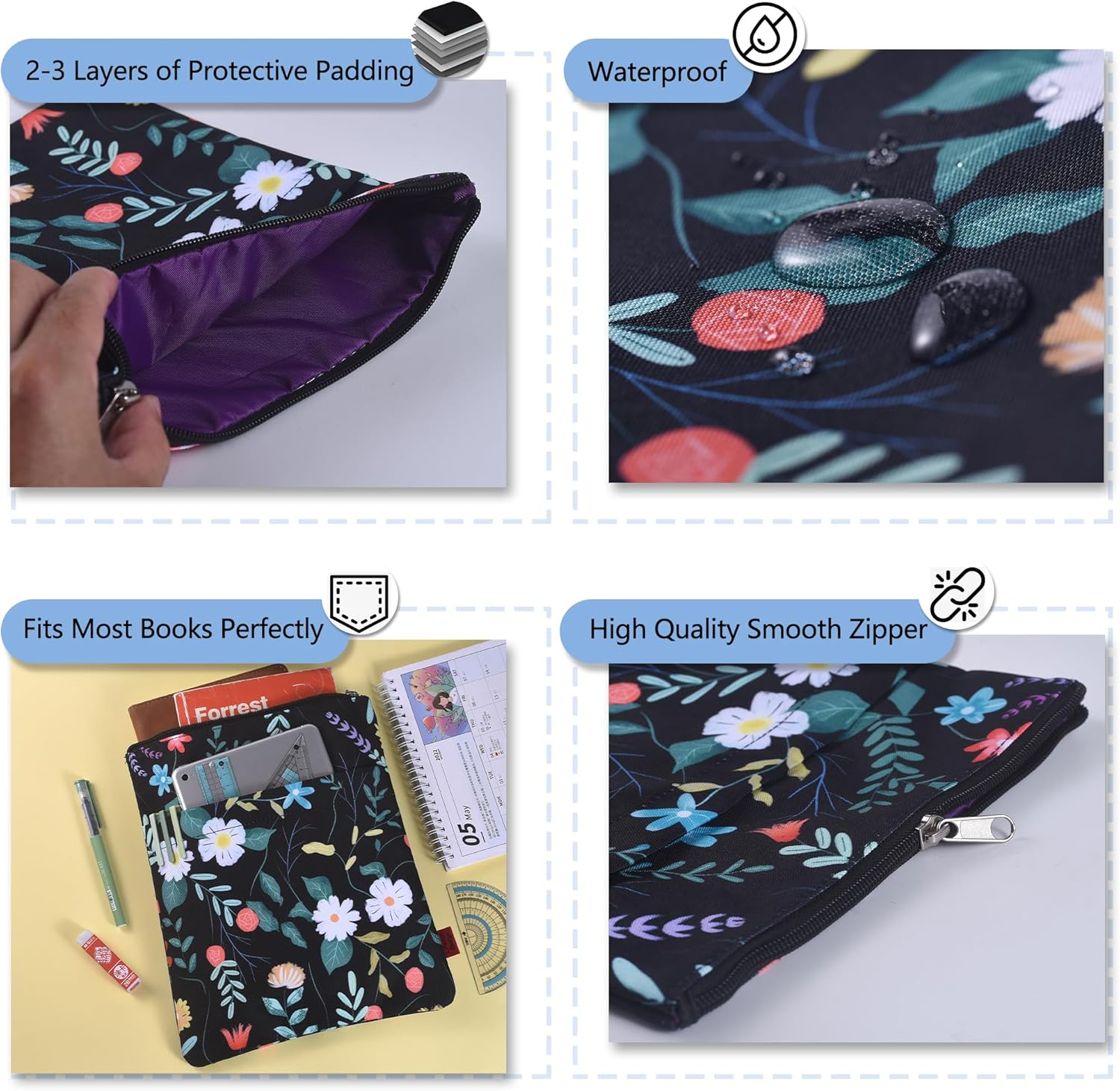 Book Sleeve Black Floral Book Protector, Book Covers for Paperbacks, Washable Fabric, Book Sleeves with Zipper, Medium 11 Inch X 8.7 Inch Book Lover Gifts image number 5