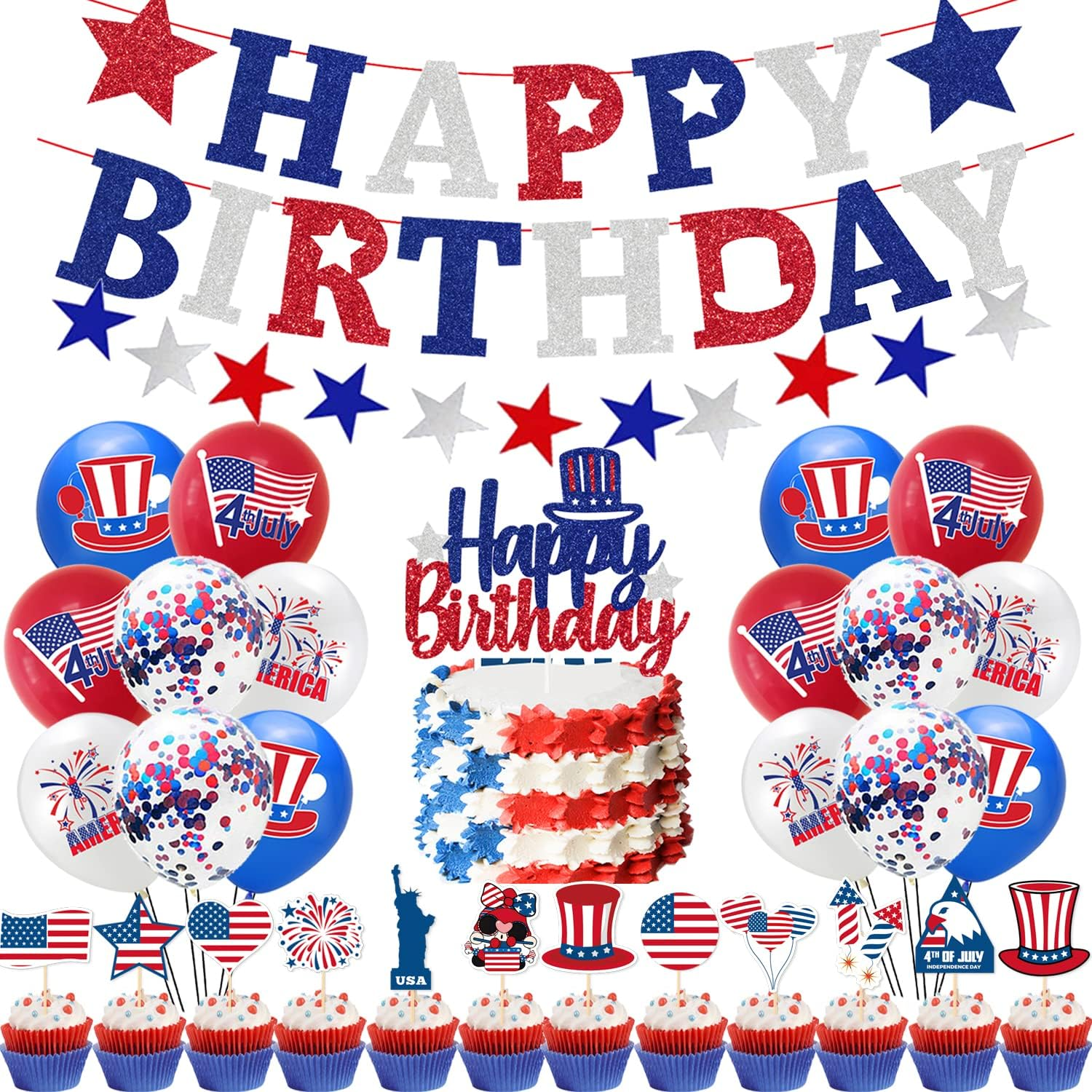 Patriotic Birthday Decorations 4Th of July Birthday Party Supplies Banner Garlands Cake Topper Cupcake Toppers Latex Balloons Independence Day Birthday Party Decorations image number 2