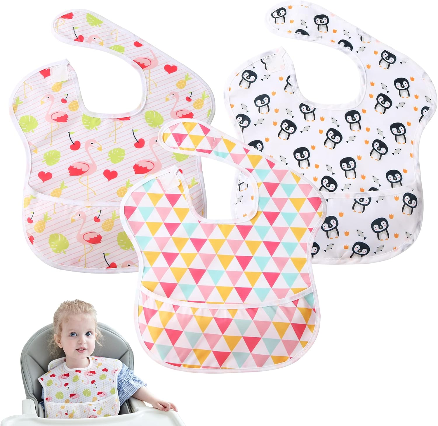 Little Dimsum 3 Pack Baby Bibs Waterproof Bib Easy to Clean Feeding Bibs Weaning Bibs Adjustable Closed for Babies Toddlers with Large Pocket 6-36Months(Cat & Dog & Bear)