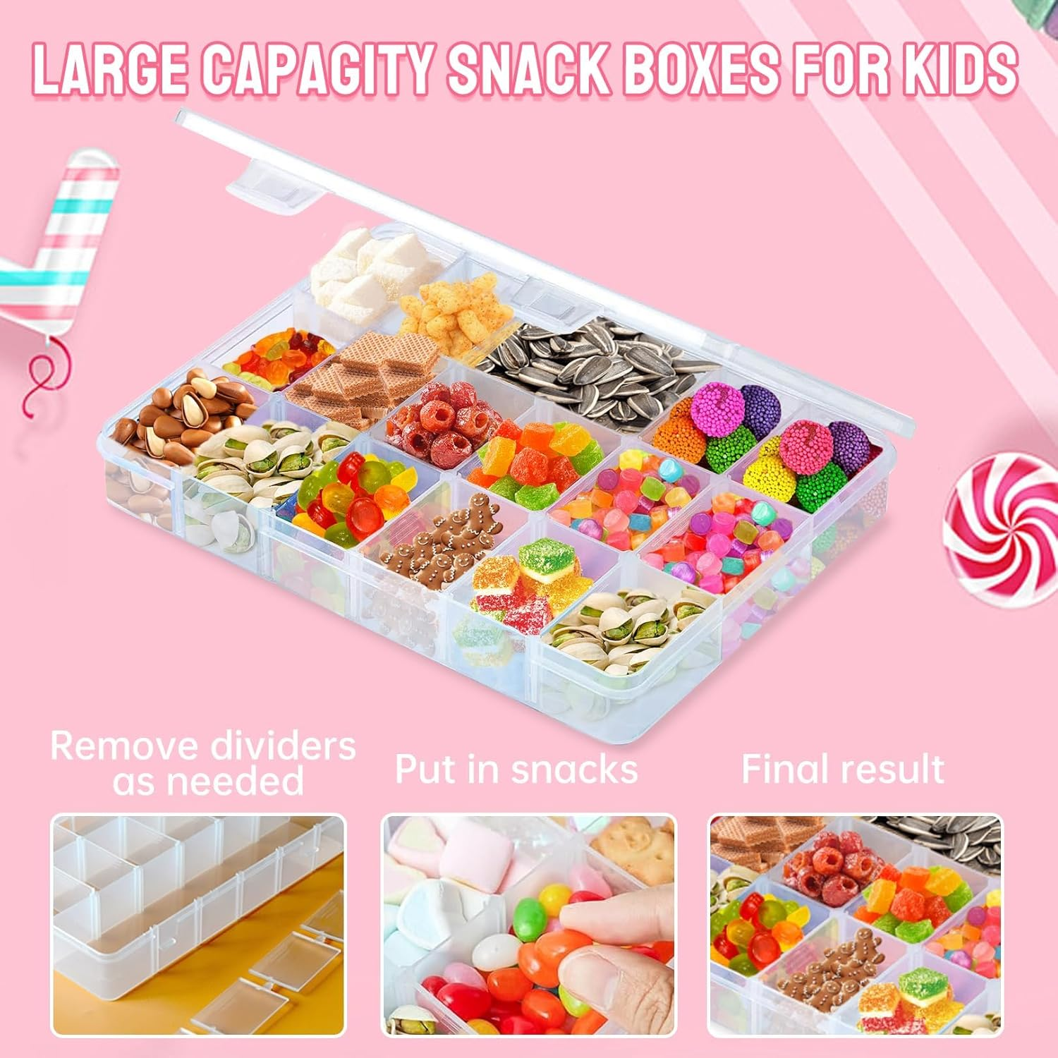 Travel Snack Box with 18 Compartments - Removable Portable Clear Container with Multi Trays for Plane, Kids (20X16X3Cm) image number 2