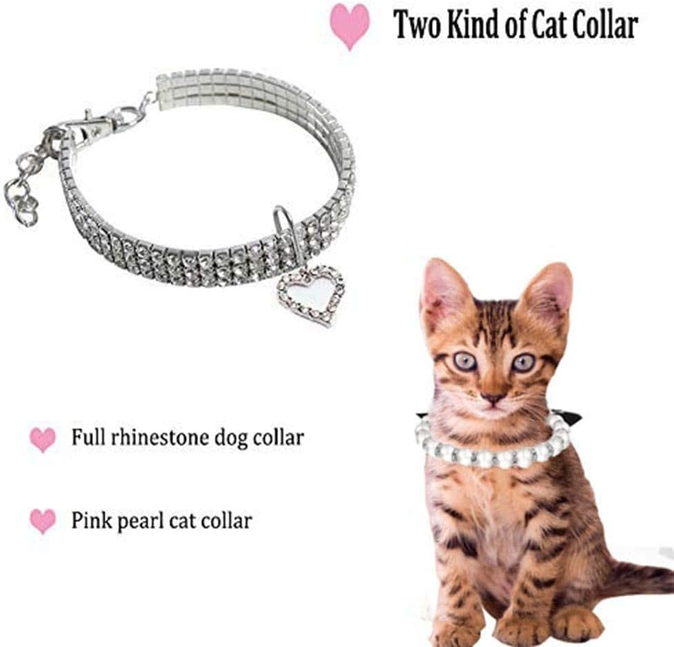 Rhinestones Dog Collar and Pearl Dog Necklace Set, Adjustable Neck Strap Bling Full Diamond Crystal Cute Pearl Dog Collar for Small Cats Puppy for Wedding Birthday Party (White, Small)