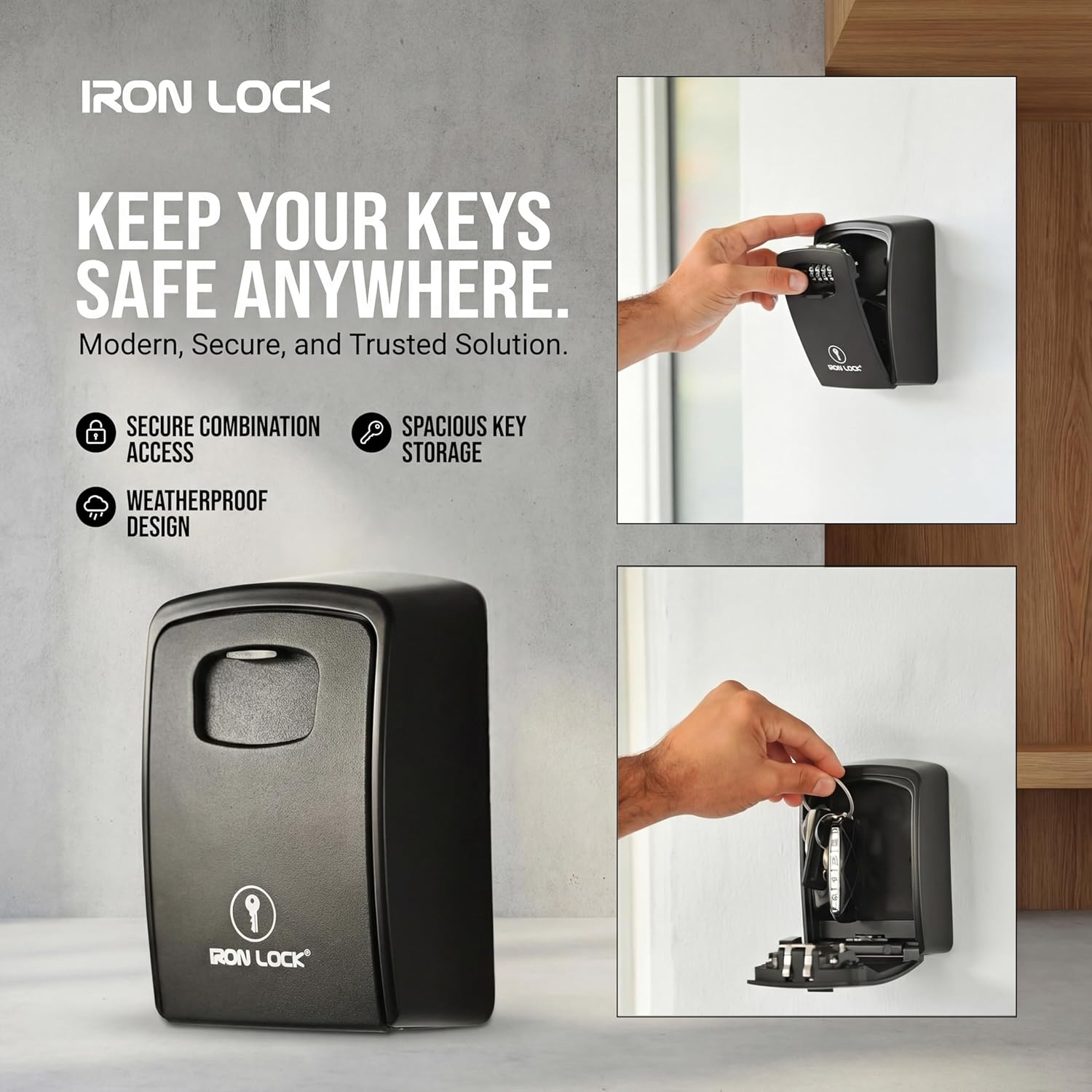 Iron Lock&reg; - XXL Key Lock Box Wall Mount for Keys 4 Digit Combination with Resettable Code with a B Switch Extra Large Lockbox Indoor Outdoor Waterproof Big Key Lock Box House Spare Keys Hide a Key image number 5