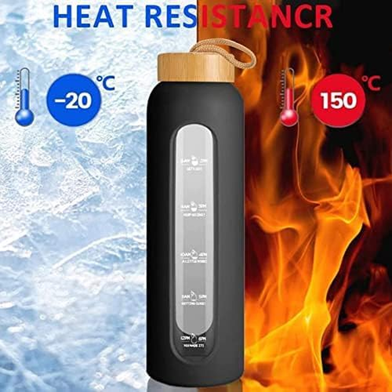 Sursip 32 Oz Glass Water Bottle with Time Marker,1 Liter Bpa-Free Reusable Motivational Water Bottle with Non-Slip Silicone Sleeve and Bamboo Lid, Ice Cube Tray, Leak-Proof, Dishwasher Safe image number 6