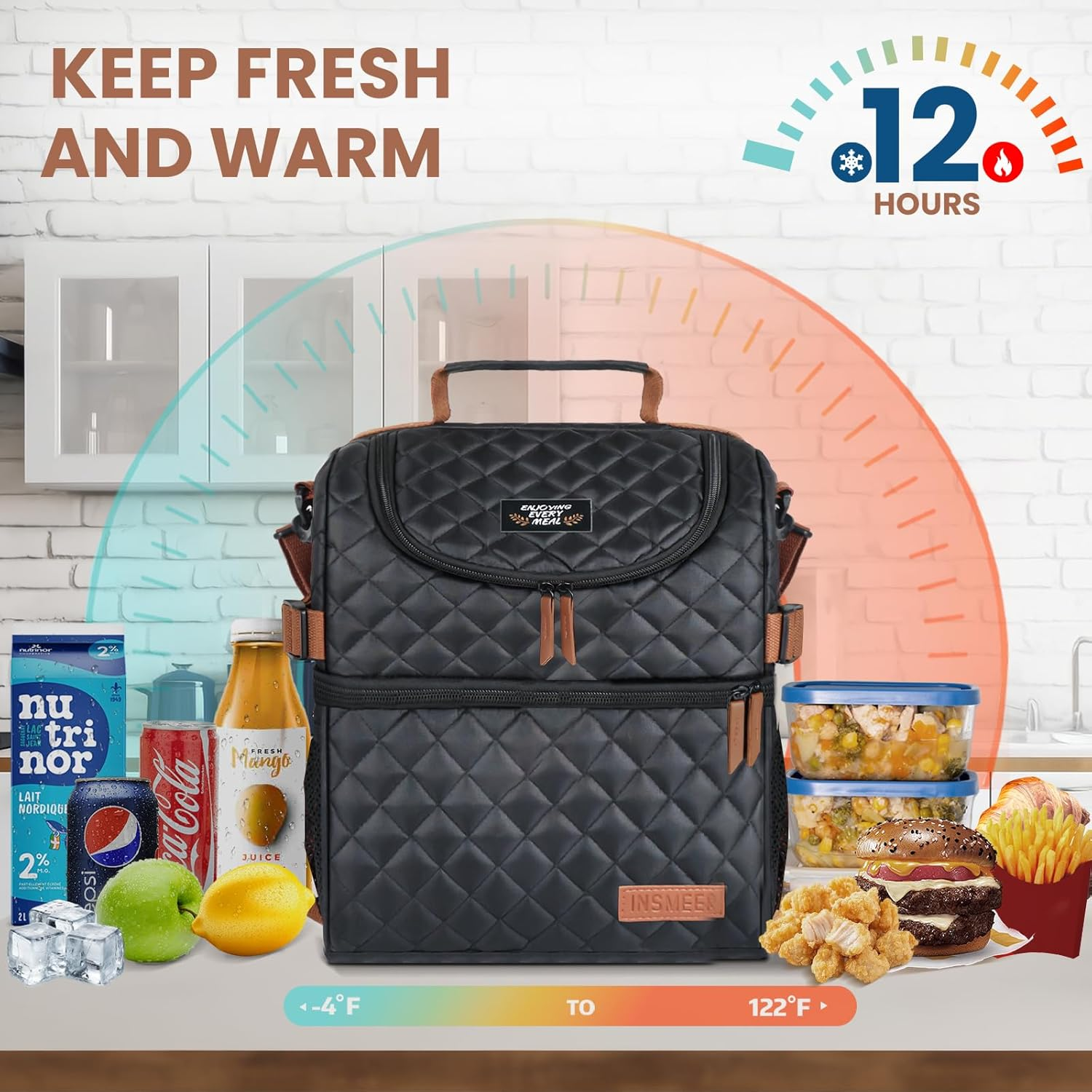 INSMEER 15L Lunch Bag for Women, Insulated Lunch Bag and Cooler with Leakproof & Dry Wet Separation, Dual-Layer Lunch Box for Work & Office, Travel, Camping, Hiking image number 4