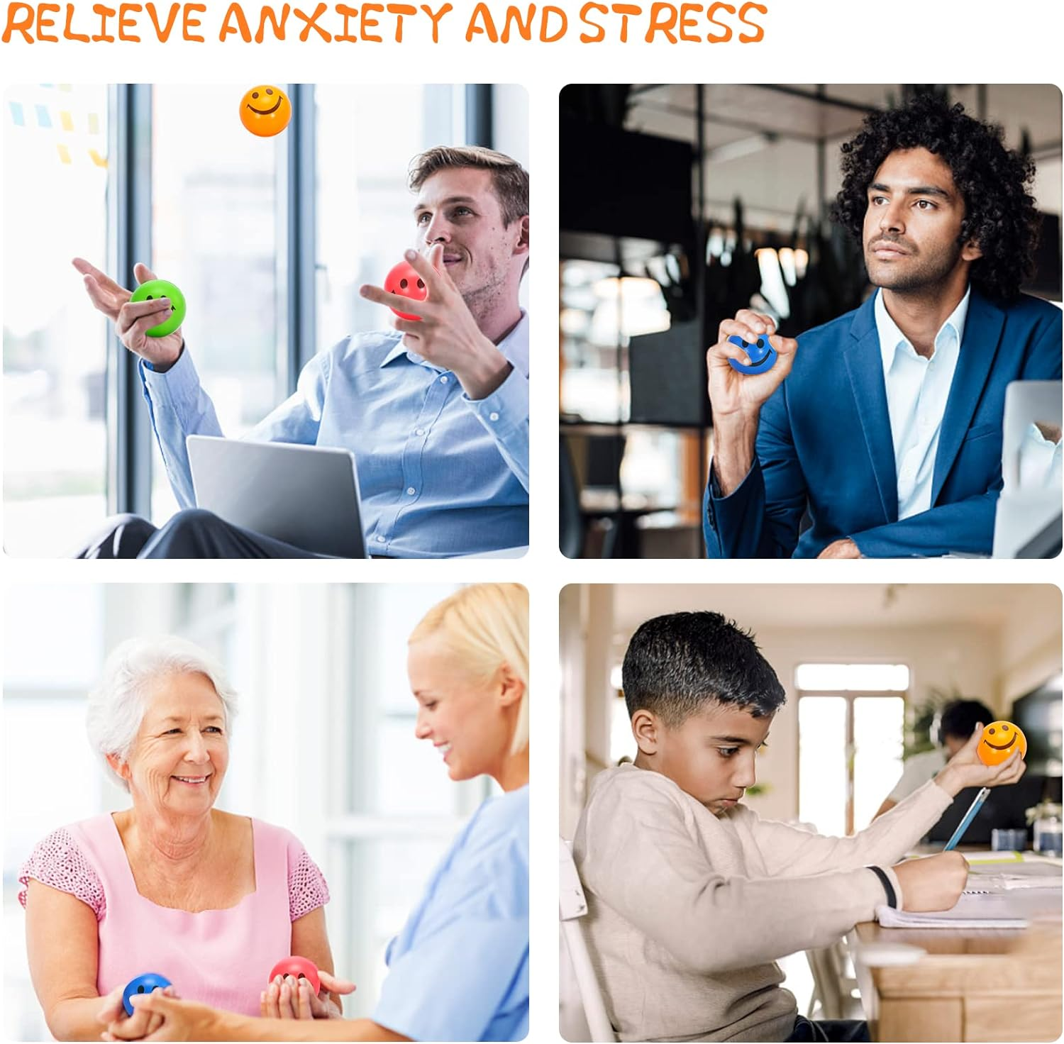 24 Pack Stress Balls Bulk,2.5 Inch Face Squeeze Balls,Smile Balls,Party Favor Soft PU Balls,Stress Relief for Finger Exercise School Carnival Reward,Assorted Colors Random Pattern image number 2