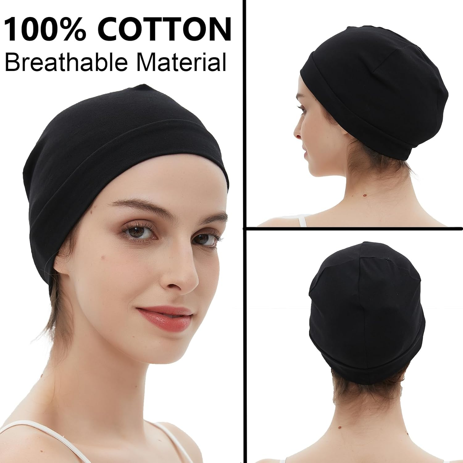 3 Pieces 100% Cotton Skull Caps Beanie for Men Women Lightweigt Night Cap Sleep Hats Breathable Helmet Liner image number 6
