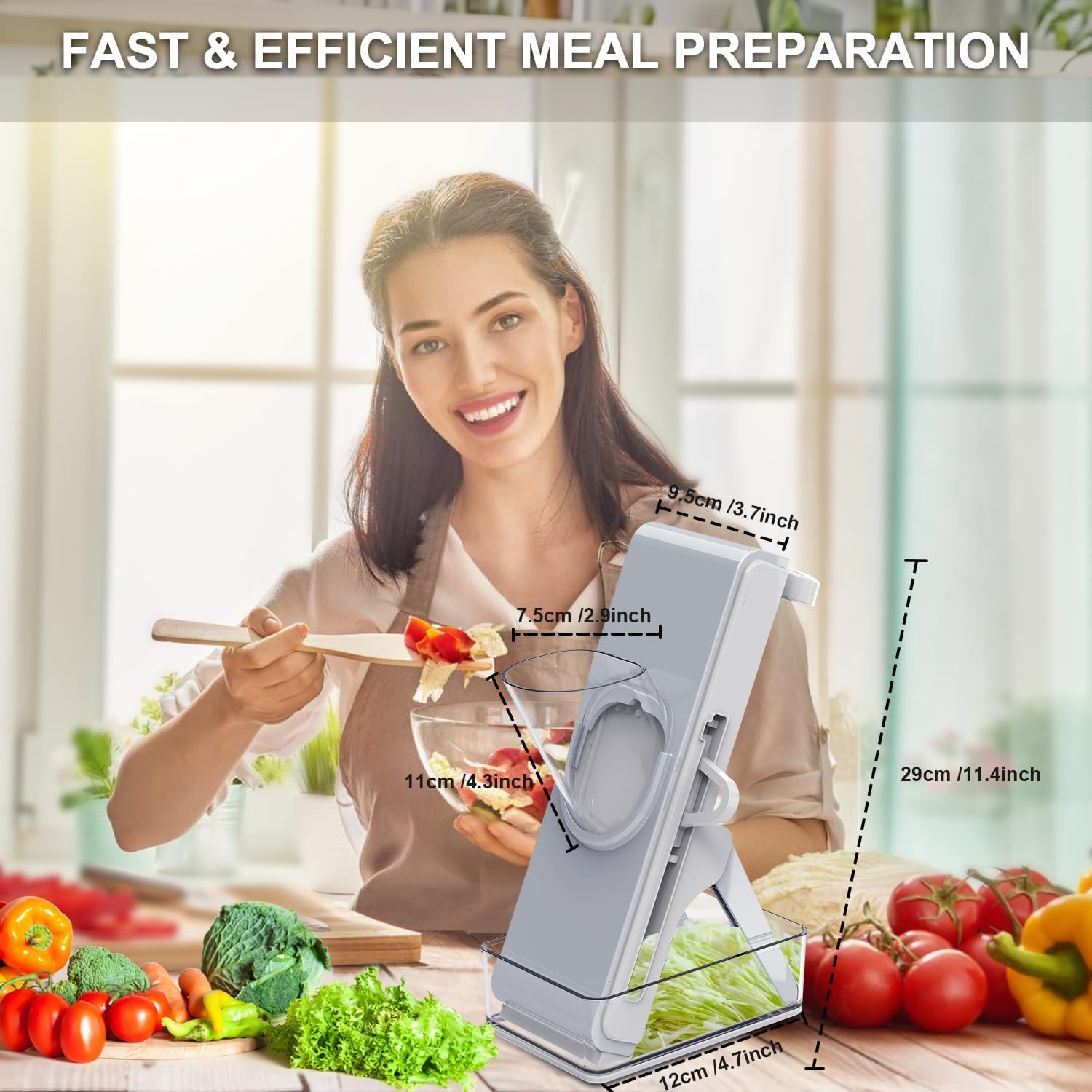 Upgrade Safe Mandoline Slicer for Kitchen - Multifunctional Vegetable Salad Chopper, Potato Cucumber Slicer, French Fry Cutter, Professional 3 in 1 Veggie Food Chopper with Container (Light Grey) image number 3