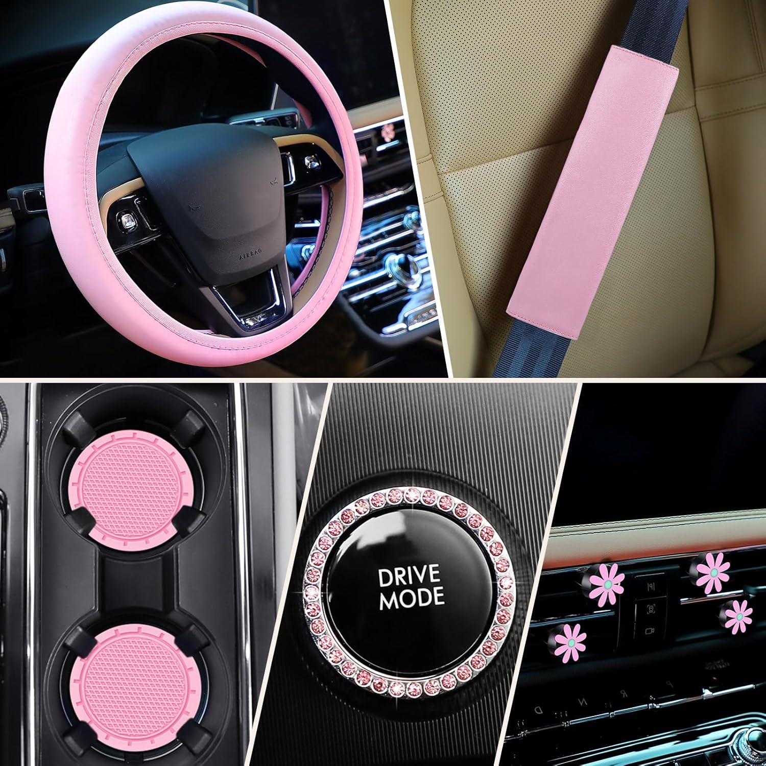 Frienda 10 Pcs Leather Steering Wheel Cover Set for Women 14.5-15 Inch Car Accessories with Seat Belt Shoulder Pad Seatbelt Cover Cup Holder Start Button Ring Sticker Air Vent Clip(Pink)