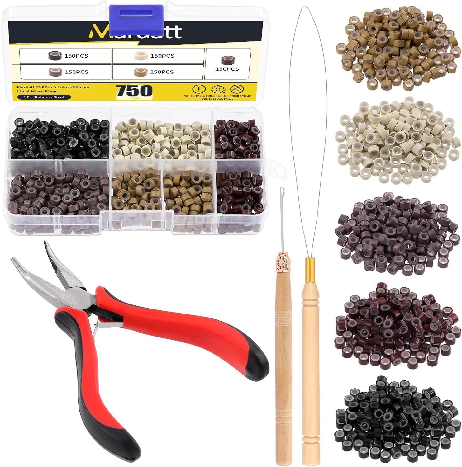 753 Pcs Hair Extension Kit, Black White Beige Dark Brown Blonde Silicone Lined Micro Rings with Remove Pliers Pulling Hook for Hair Styling Salon image number 5