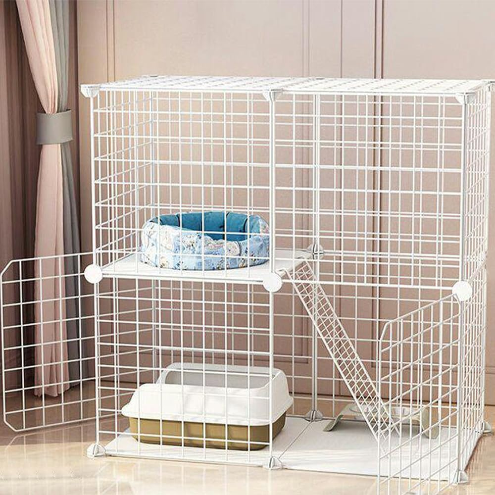 2 Tier Cat Cage Indoor, Detachable Metal DIY Pet Playpen, Portable Collapsible Pet Cat Cage, Animal Cage Wire Cage Indoor, 75 * 73 * 39 Cm, White