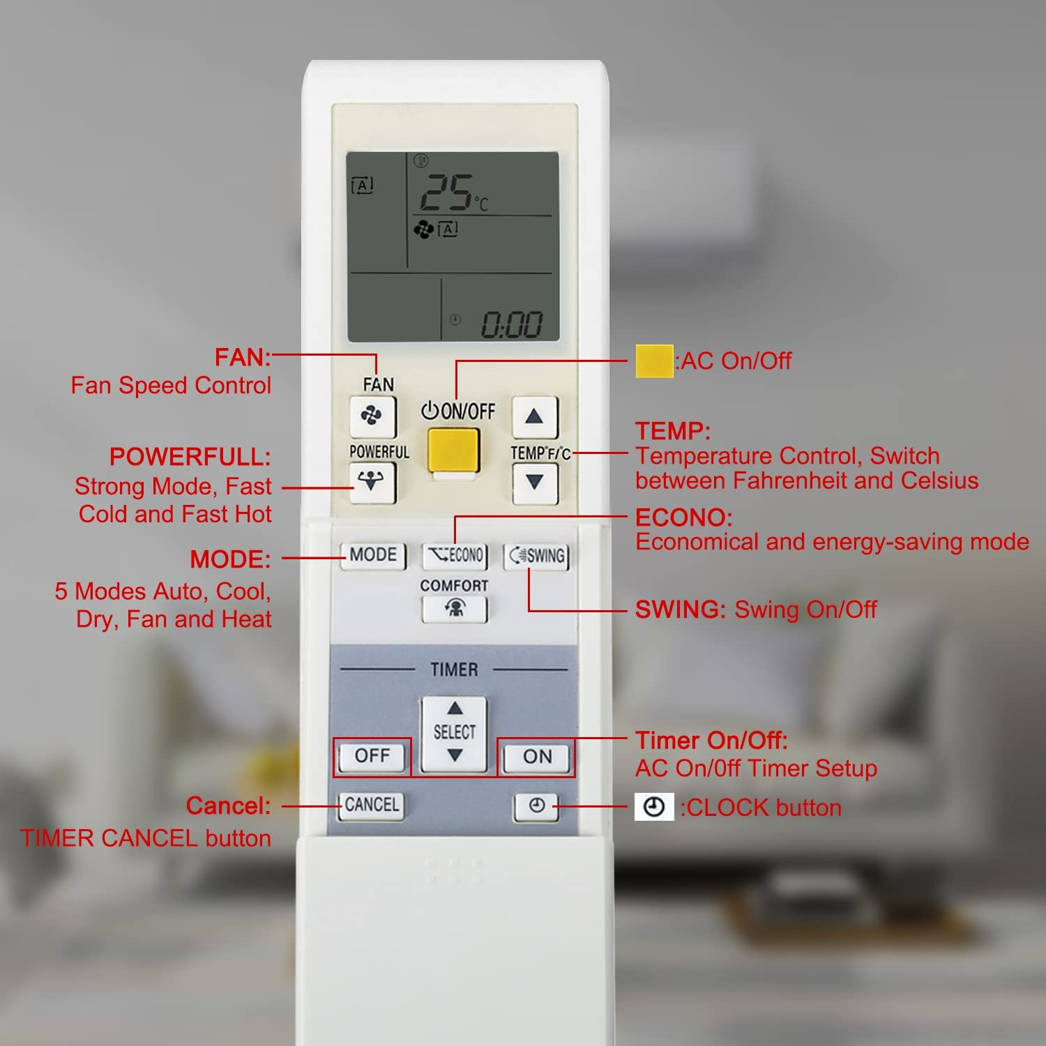 Universal Air Conditioner Remote Control Compatible with Daikin ARC452A10 ARC452A11 ARC452A13 ARC452A14 ARC452A12 KTDJ001 image number 1
