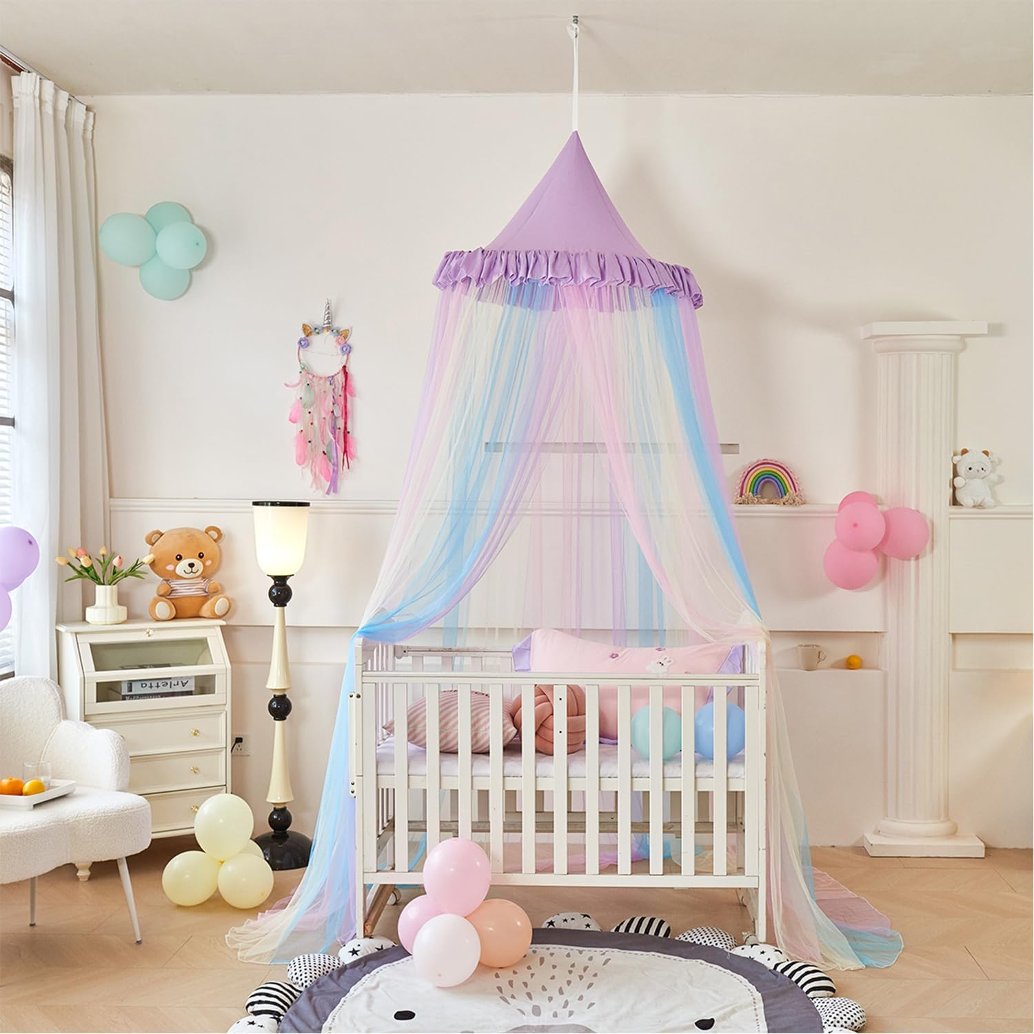 Rainbow Bed Canopy for Girls, Ruffles Mosquito Net with Dust-Proof round Dome Kids Dreamy Princess Bed Canopy Netting Room Crib Bed Curtains Camp Decor Accessories Child Reading Corners Ceiling Tent