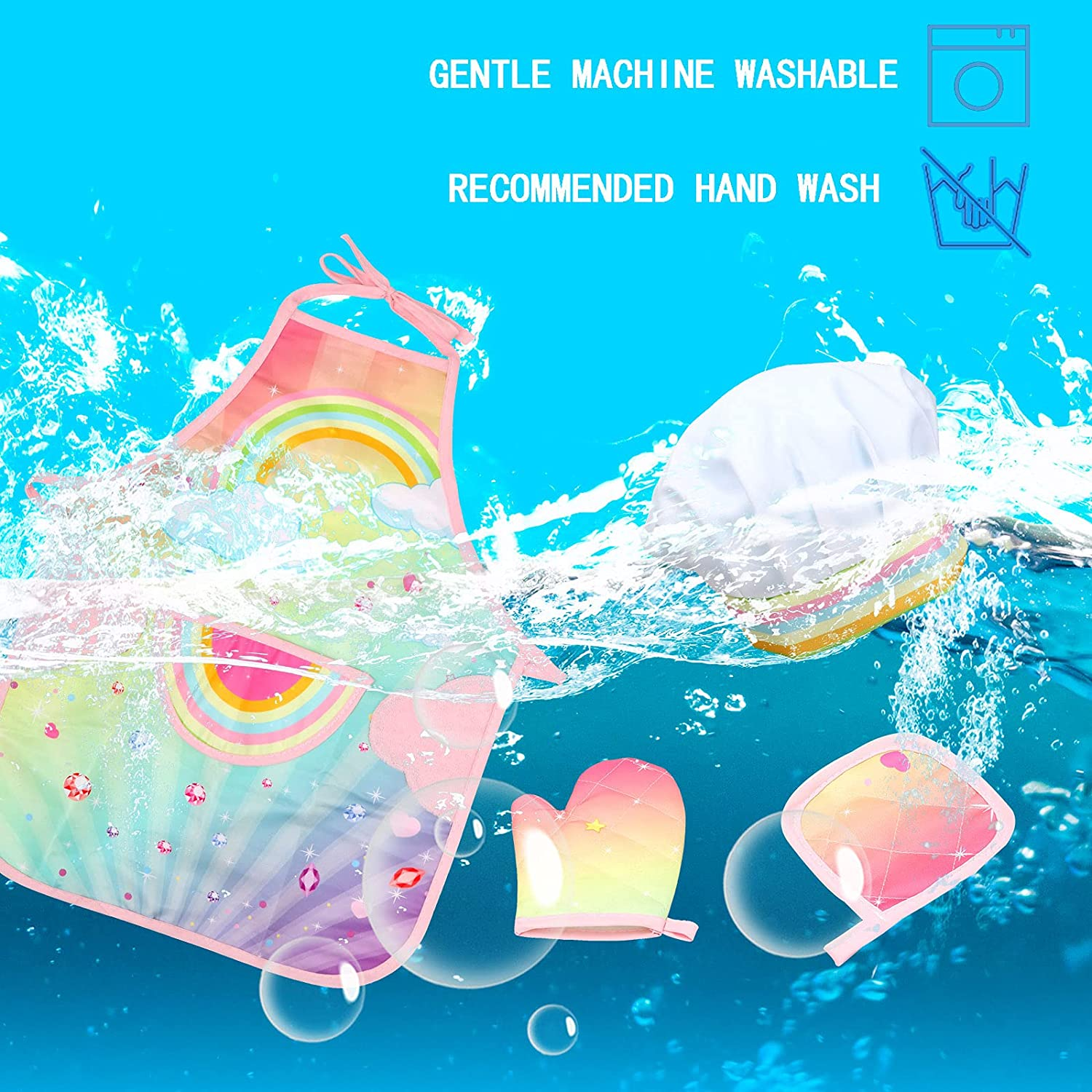 Real Kids Cooking and Baking Set - 26 Pcs Kids Chef Role Play Costume Set Includes Rainbow Apron, Chef Hat, Cooking Mitt, Utensils, Cupcake Molds for Toddler Boys and Girls Ages 3+ image number 4