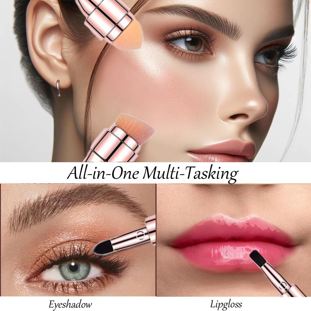 Bling Toman 4 in 1 Makeup Brush, Eyeshadow Eye Lip Face Concealing Blush Foundation Brush All in One Retractable Travel Size Makeup Brush Set (Rose Gold Brush) image number 5