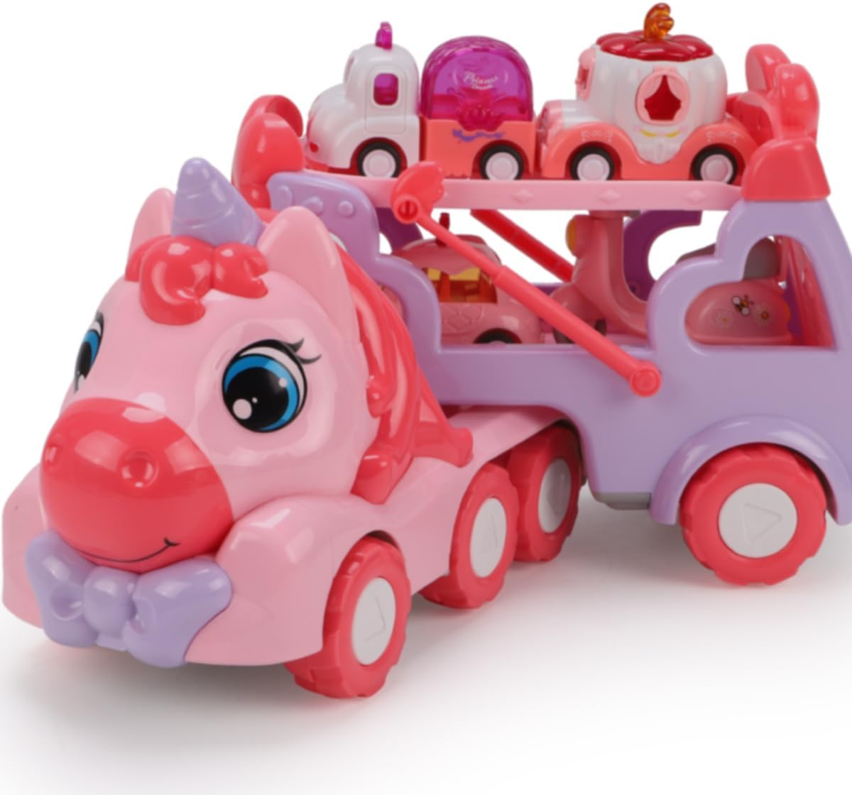 Qizebaby Toy Cars for Toddlers Girls，5 in 1 Carrier Truck Toy for Kids，Transport Vehicles with Light & Music,Unicorn Toys for 1 2 3+ Year Old Girl Gifts