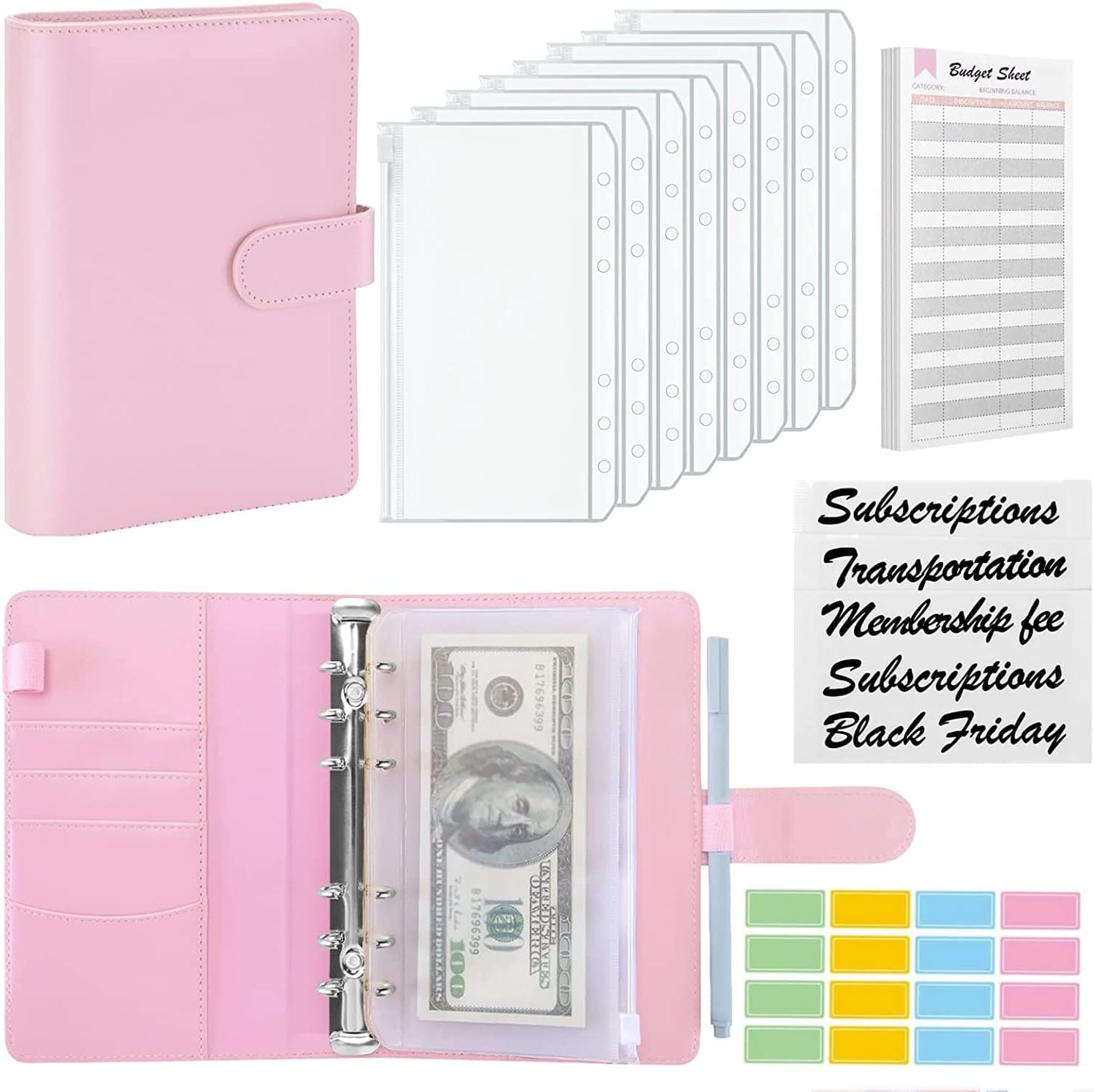 A6 PU Leather Binder Budget Planner Organizer - 6 Ring Binder Cover with 8 Pockets, 12 Expense Sheets & 2 Category Stickers - Money Saving Budget Planner (Pink) image number 4