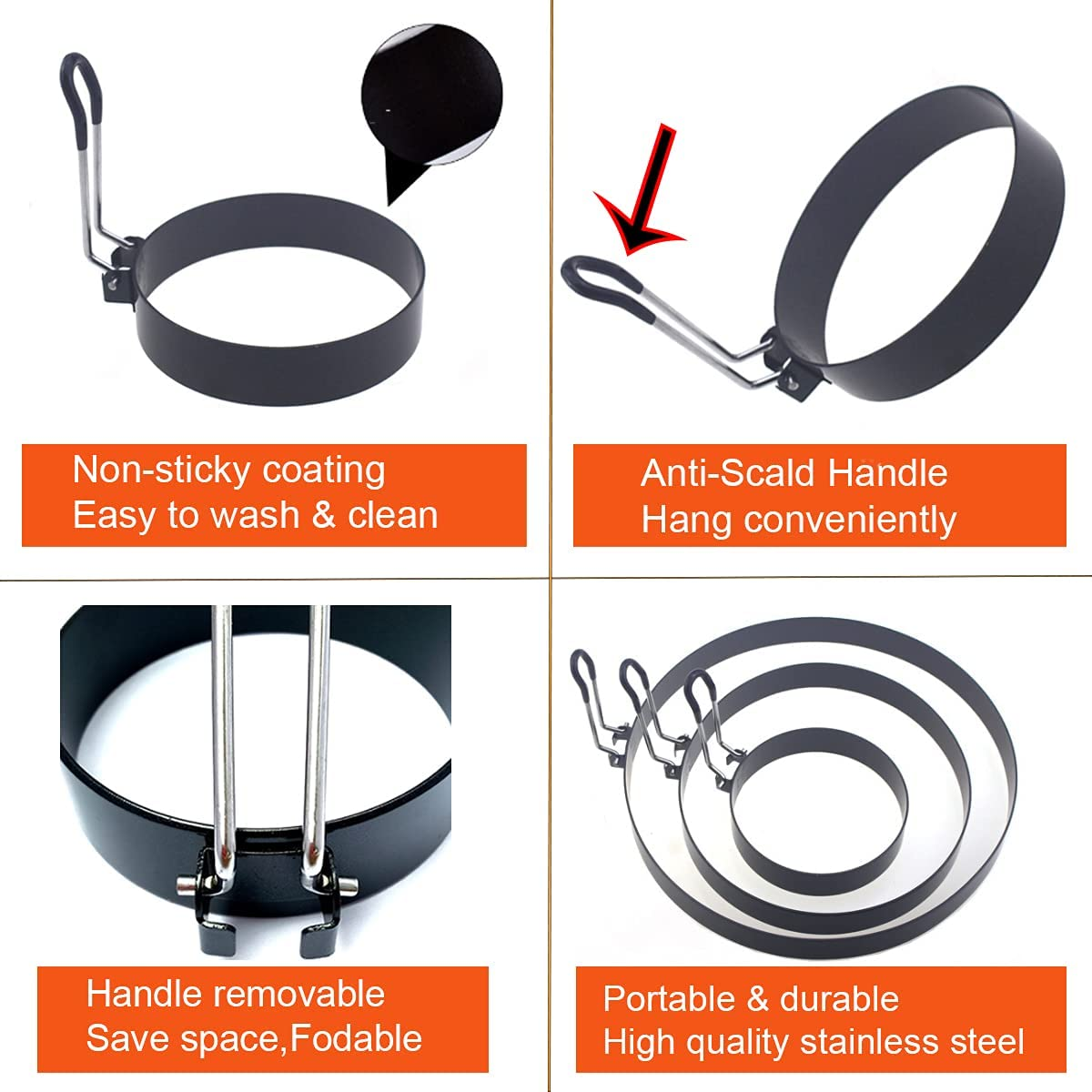 Stainless Steel Egg Cooker Set - 8" Omelette Ring, 6" Pancake Ring, 4" Griddle Egg Ring - Non-Stick, Upgrade Large 3 Packs Egg Cooking Rings with Oil Brush & Egg Separator image number 6
