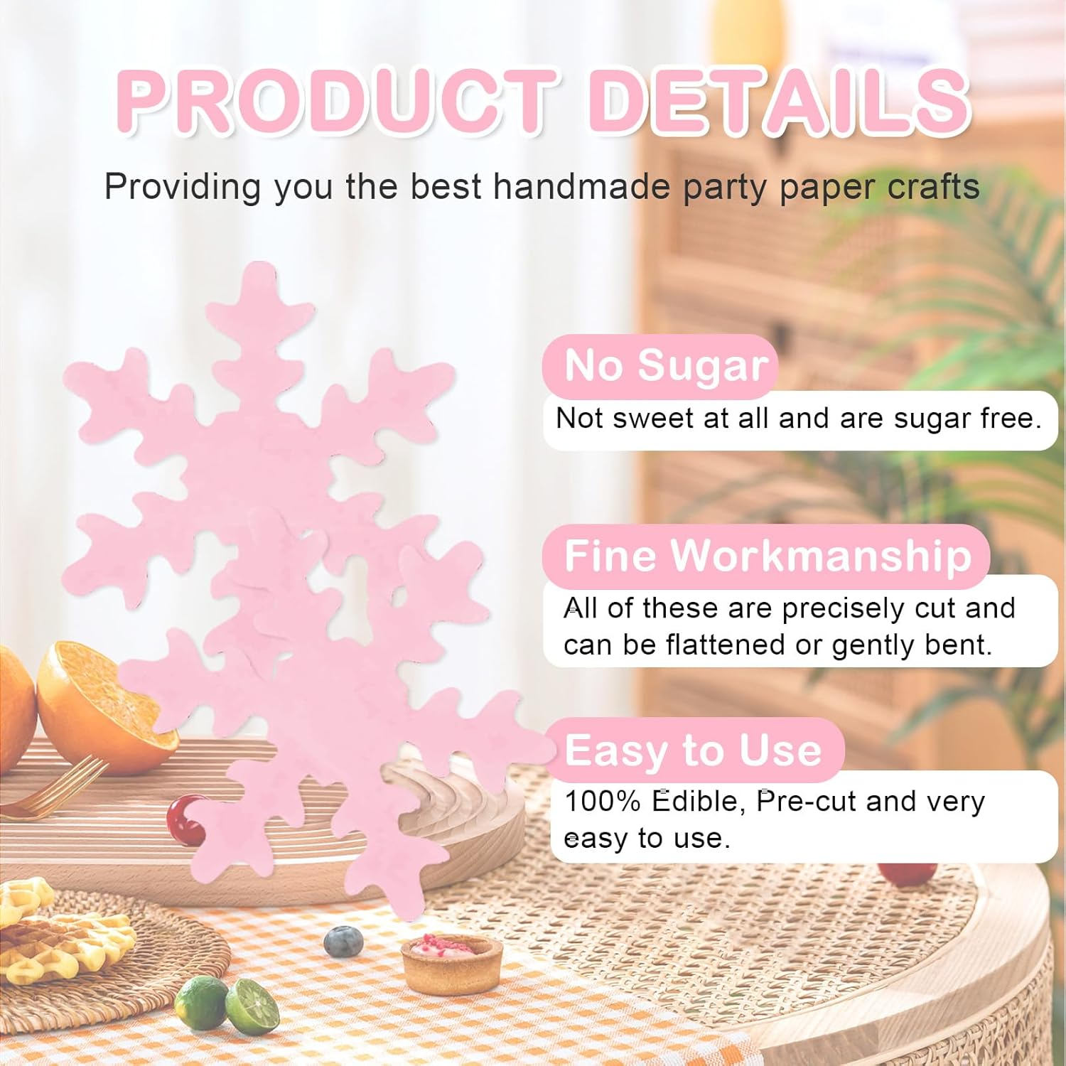 50Pcs Snowflake Cake Cupcake Topper, Edible Winter Frozen Snowflake Cake Decorations Edible Wafer Paper for Birthday Party Decor Supplies (Pink) image number 2