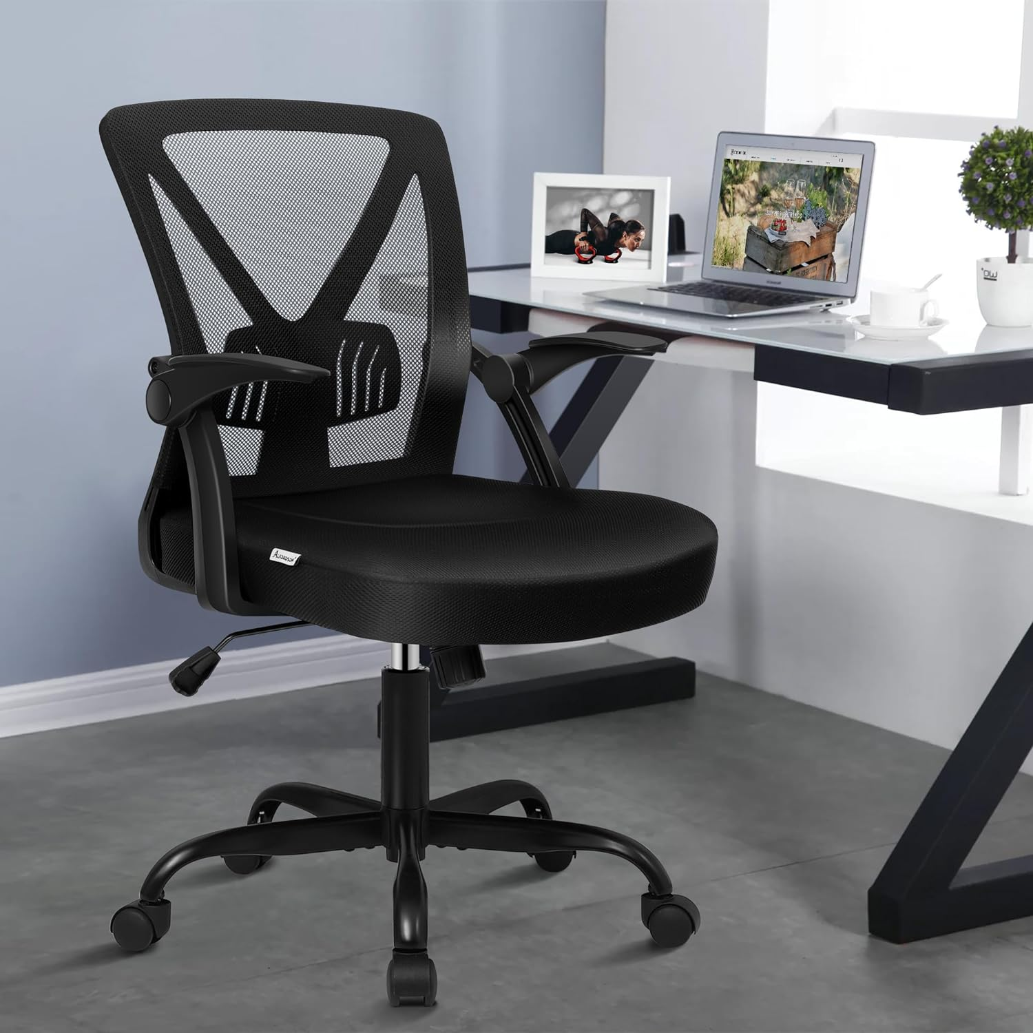 ALFORDSON Mesh Office Chair with Tilt and Height Adjustment, Mid-Back Executive Swivel Fabric Chair with Lumbar Support & Flip-Up Armrest, Gaming Racing Computer Desk Chair for Home Office, All Black image number 3