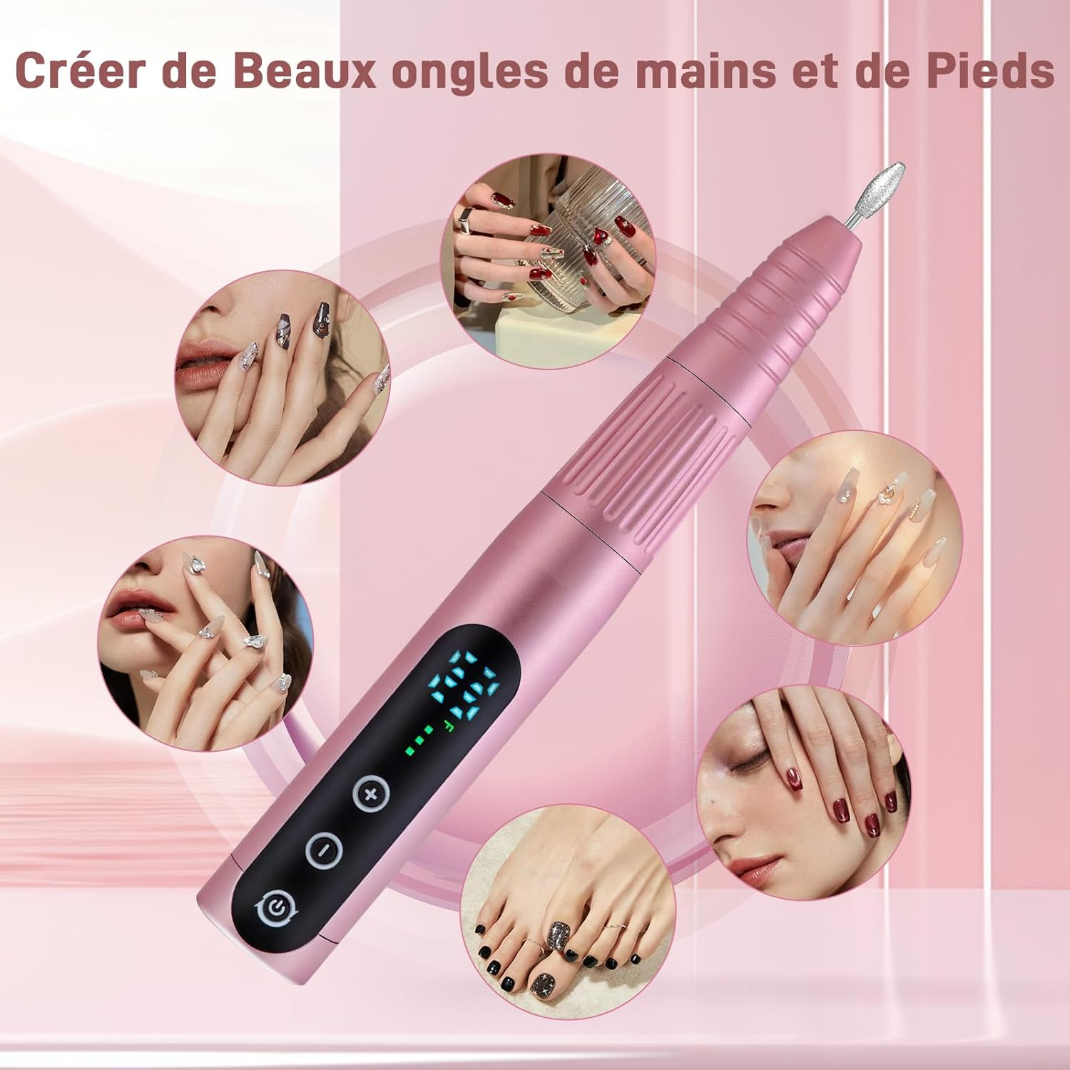 Electric Nail Drill 35000RPM,WEIKILLY Rechargeable Cordless Nail File,Professional Acrylic Gel Electric Nail Drill Machine for DIY Manicure and Pedicure,Portable Home Travel or Salon Use (Pink) image number 5