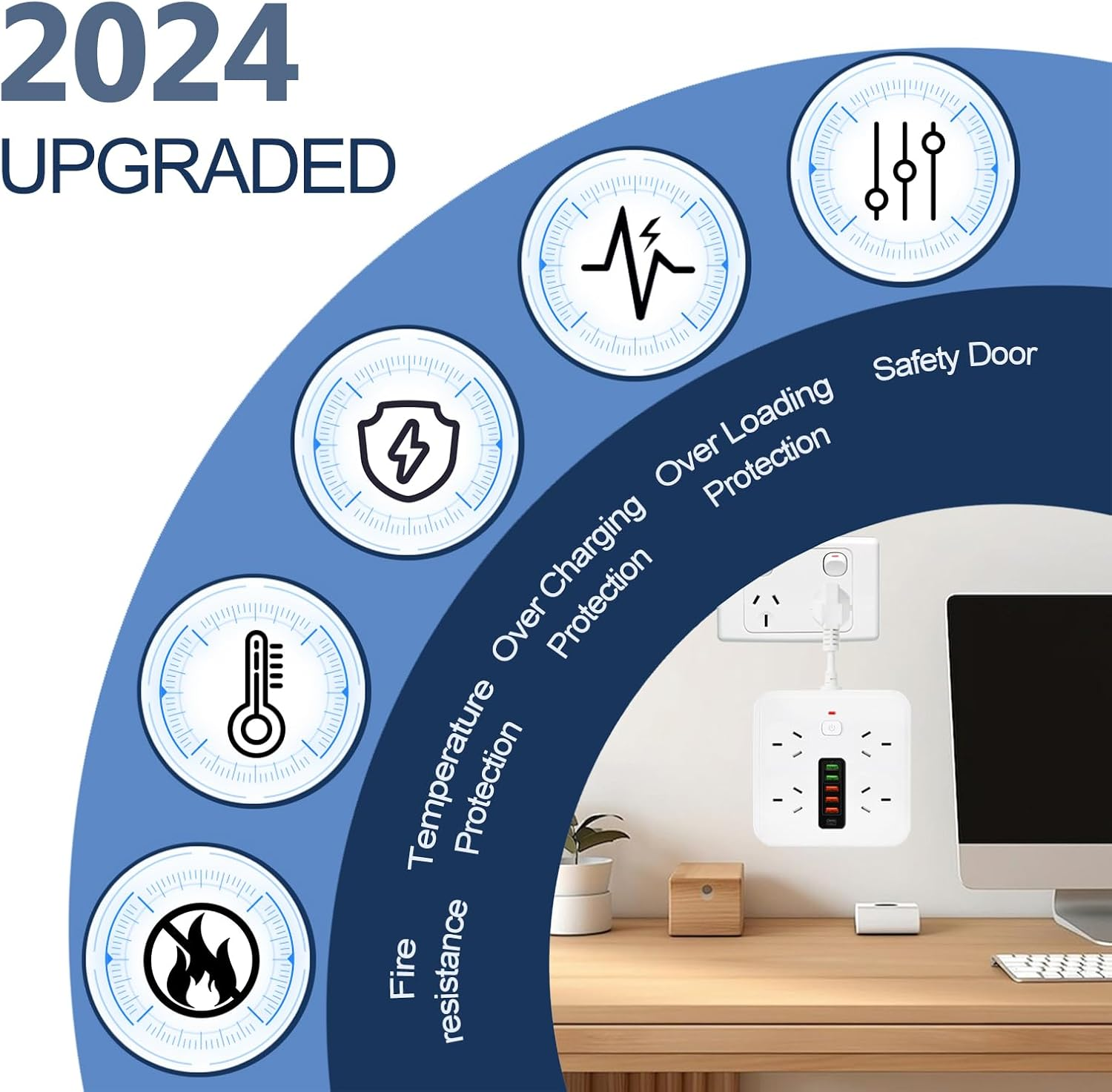 10 In1 Power Strip, Power Board with USB C with 4-Sockets Combo, 5-USB a 1-USB C（DC 5V 3.4A） Surge Protection 2400W-10A, Power Socket for Home & Office (White) image number 3