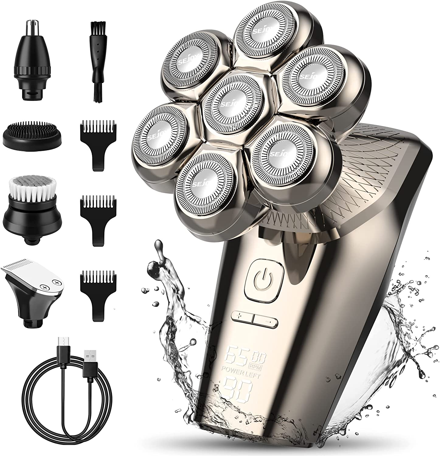 Head Shaver for Bald Men Electric Razor for Men 5-In-1 Multifunctional Electric Head Shaver Wet/Dry 7D Rotary Shaver Grooming Kit Rechargeable LED Display with Clippers, Nose Trimmer, Brush, Massager image number 1