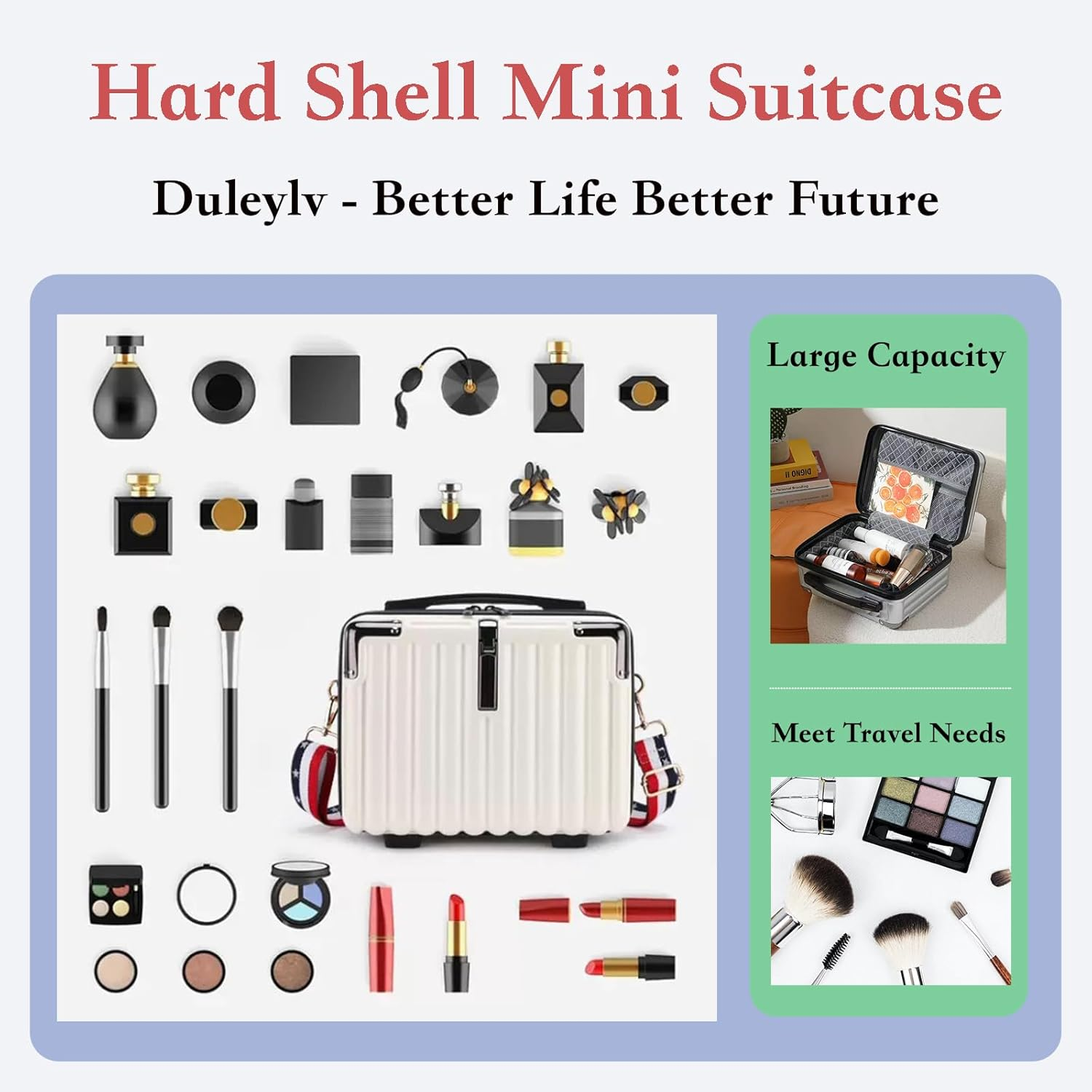 Mini Suitcase Hard Shell Makeup Bag Travel Cosmetic Case Portable Makeup Luggage with Shoulder Strap for Women, Black, Elegant - Pink image number 3