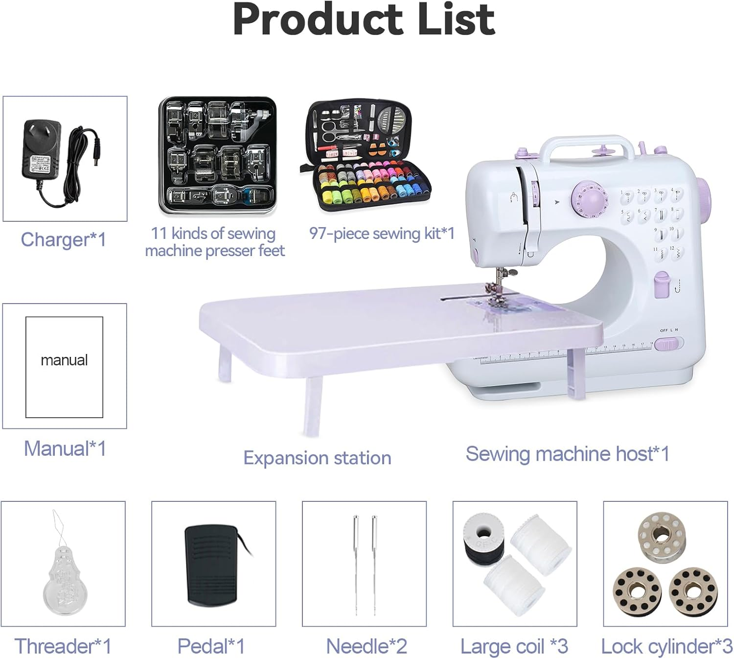 Sewing Machine, Mini Sewing Machine for Beginners, with 97 Pieces Sewing Kit & Case, Portable Sewing Machines, 12 Built-In Stitch Patterns, Light, 11 Sewing Machine Presser Feet - Purple & White image number 4
