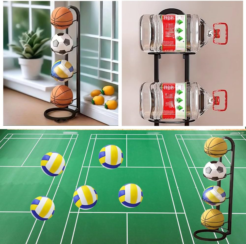 4-Tier Ball Rack, Vertical Ball Storage, Ball Storage Rack, Metal Ball Stand Display Holder for Basketball Holder, Football Stand, Ball Storage, Cast Iron Sports Ball Organiser