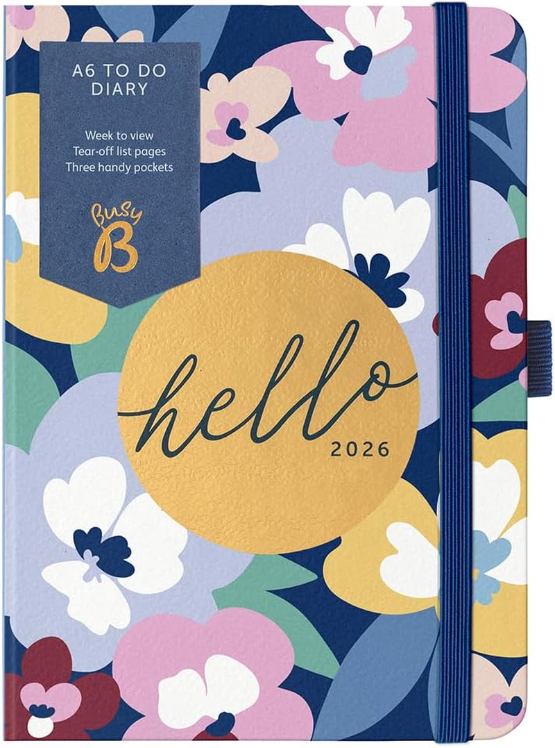 Busy B - A6 Weekly Planner 2026 - Appointment Calendar with To-Do Lists & Note Pages - Compact Diary with Colourful Floral Pattern - Week to View, 3 Pockets & Year Planner