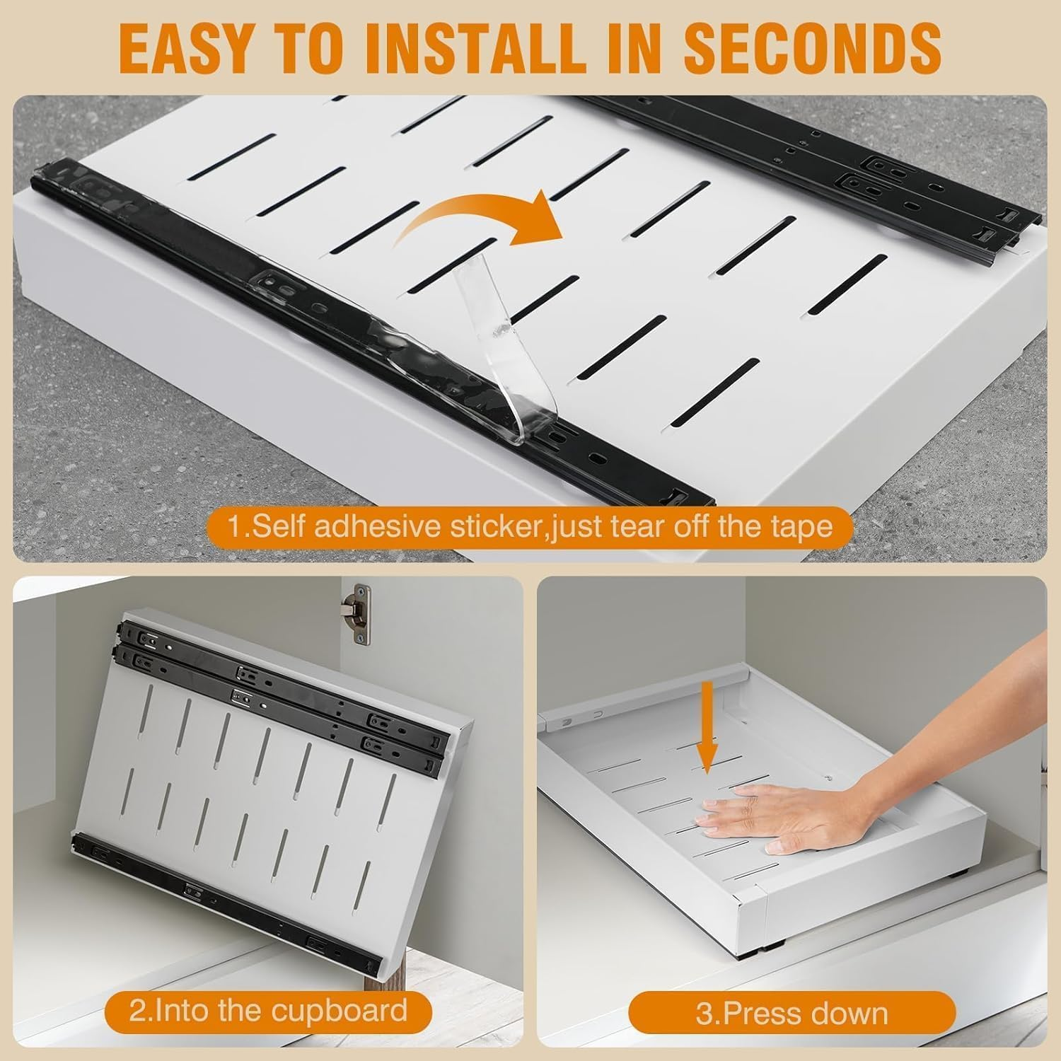 2 Pack Pull Out Cabinet Organizer, Expandable(31 to 52Cm W) Pull Out Drawers for Cabinets Fixed with Adhesive Film, Adjustable Peel Stick Slide Out Drawers for Kitchen Pantry Bathroom-53Cm Deep image number 5