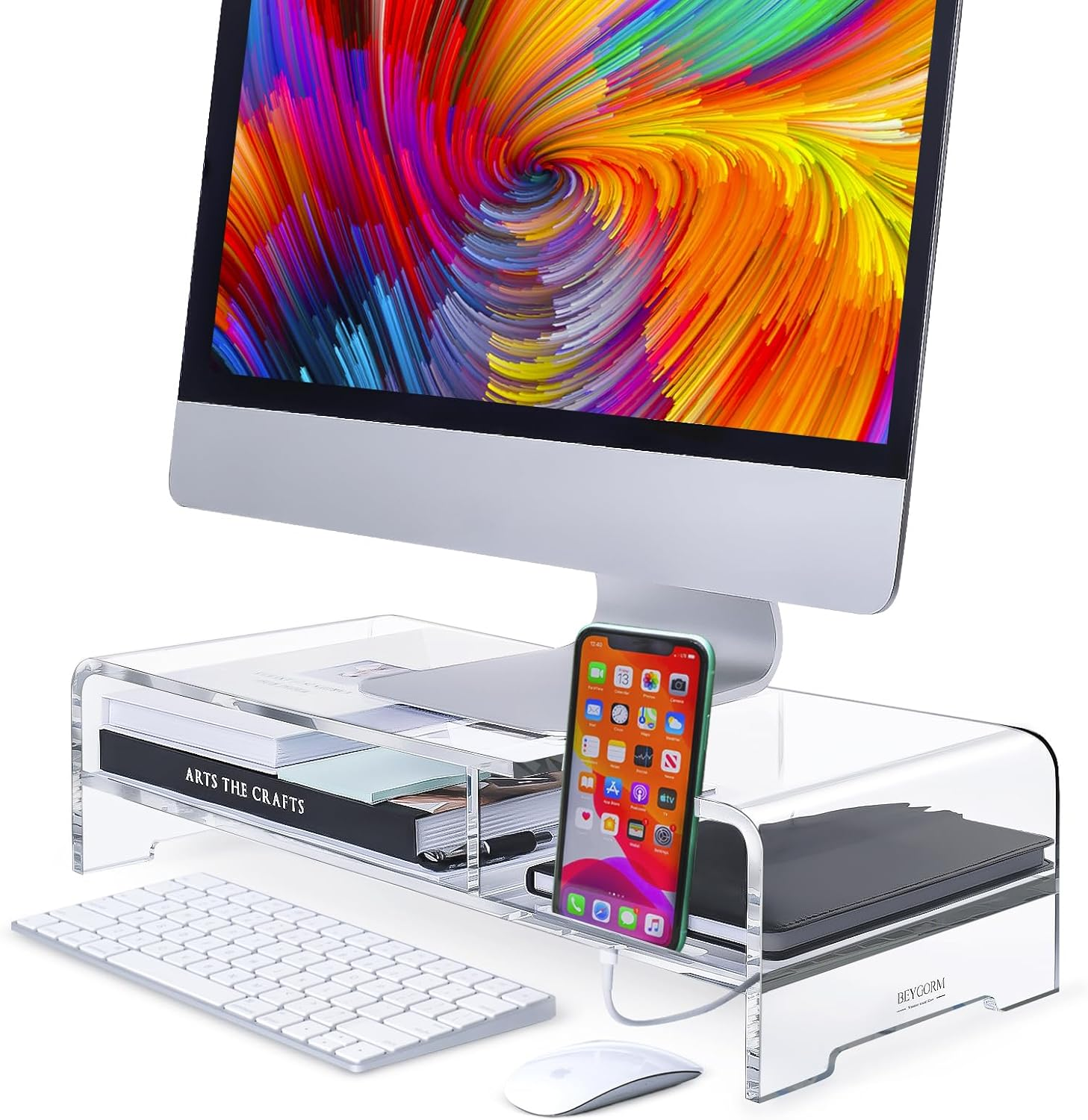 BEYGORM Acrylic Monitor Stand Riser, Wide 20", 2 Tier Computer with Storage, Desk Organizer Desktop Printer Laptop Storage Shelf Screen Holder Phone Holder(Clear) image number 4