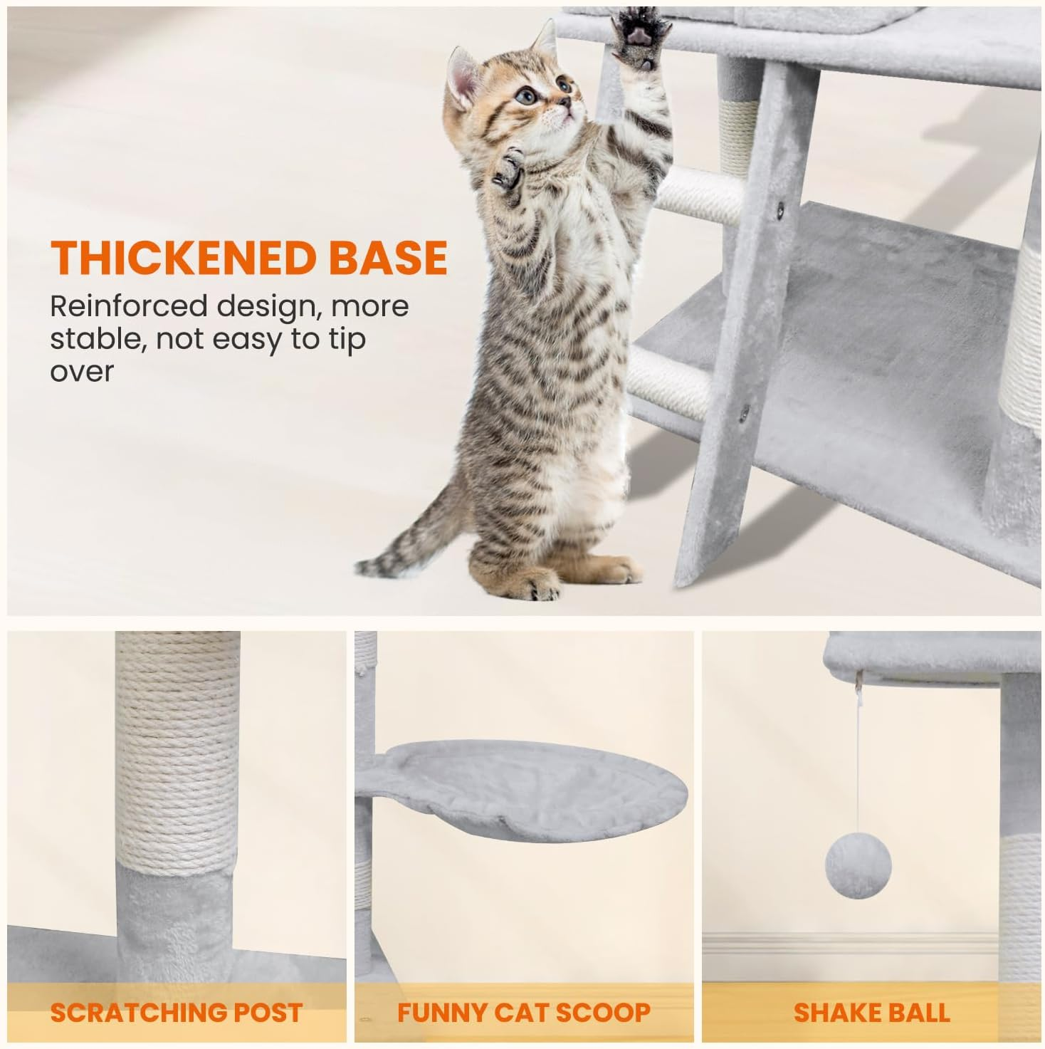 Cat Climbing Frame, 154Cm Cat Scratching Post Multi-Level Play Tower with 2 Pom Poms and Spacious Hammock for Indoor Kittens, Multi-Level Apartment Cat Furniture image number 3