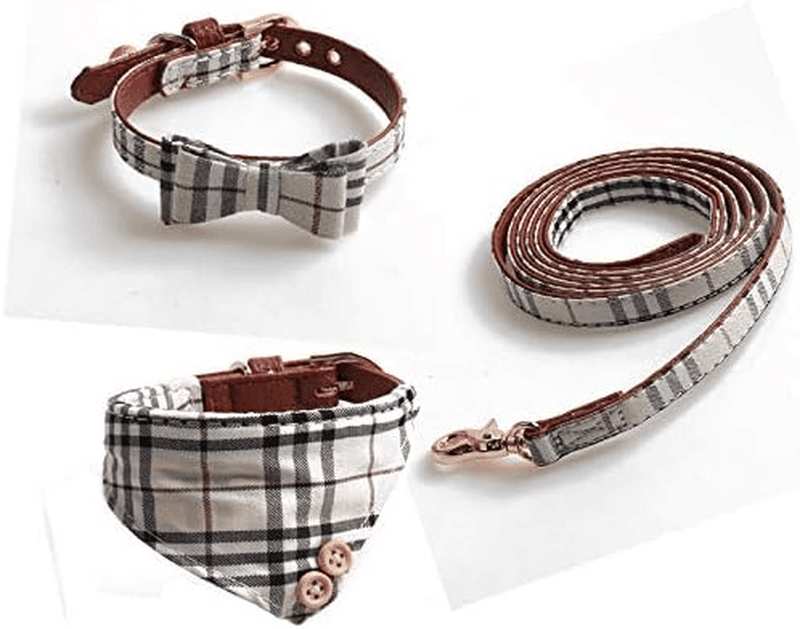 Classic Plaid Stylish Dog Bandana and Collar with Adjustable Leash (Khaki, S) image number 5