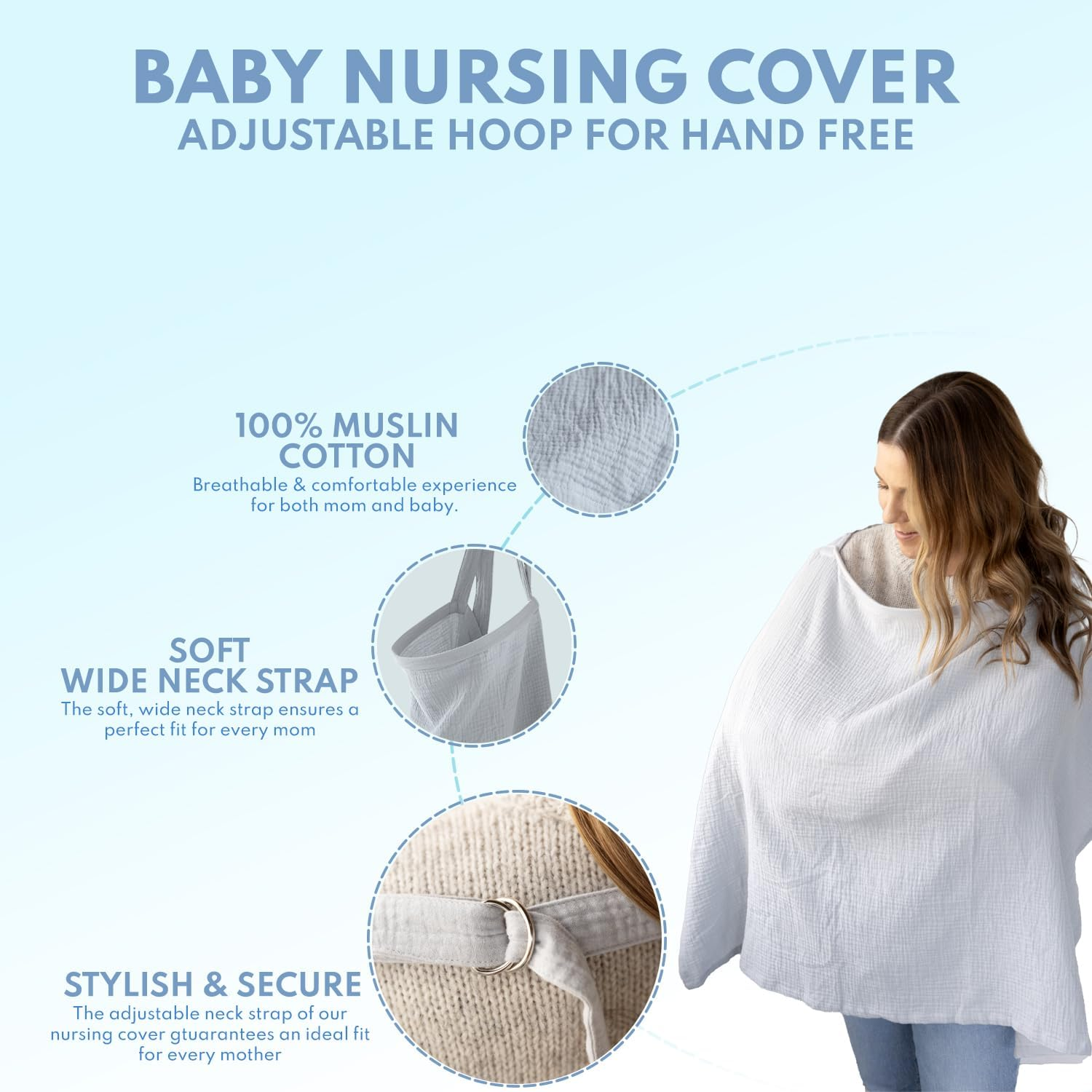 ACTIVE BABY Nursing Cover for Breastfeeding Mom with Adjustable Hoop for Hand Free Breathable Nursing Cover up | 100% Muslin Cotton Light Weight Breastfeeding Cover Wrap Shawl Scarf (Evaporation Gray) - Evaporation Gray image number 6